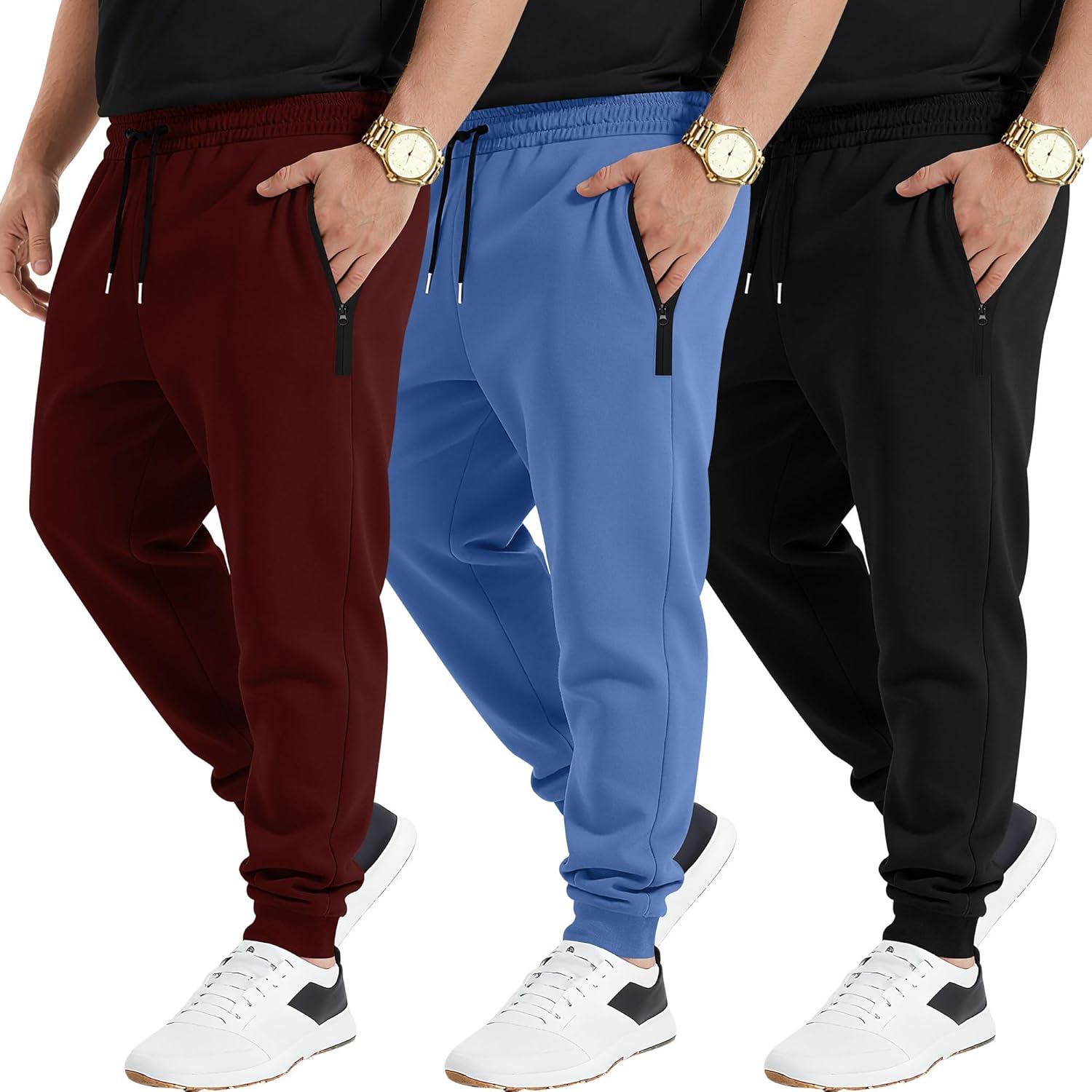 3 Pack Men's Joggers Zipper Sweatpants, Athletic Loose Fit Pants Drawstring for Gym Running Soccer with Pockets