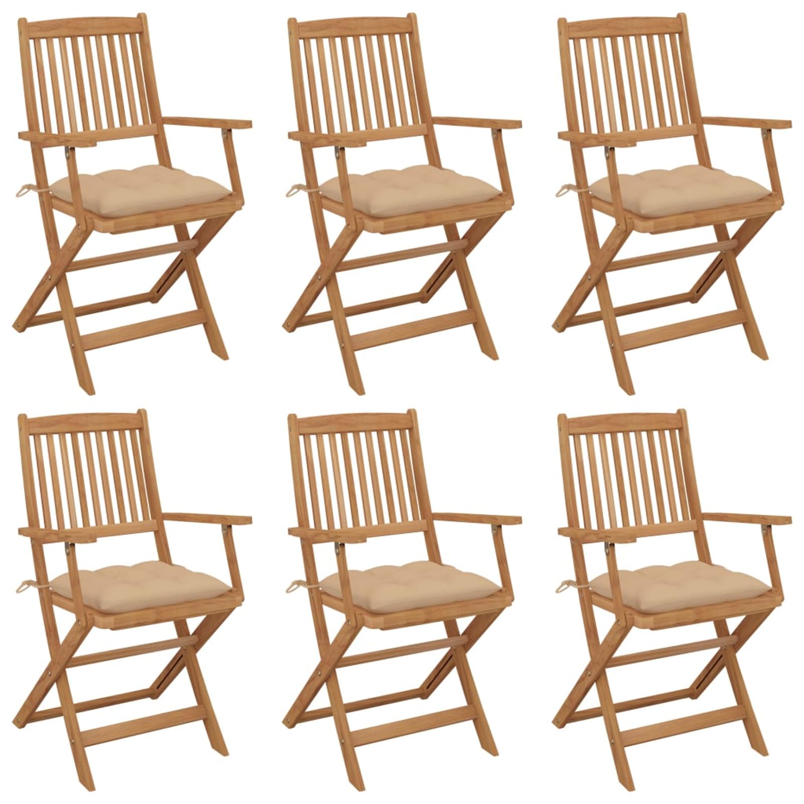Chaise pliante de jardin en bois d'acacia lot de 6 avec coussins beiges de 54x57x91 cm