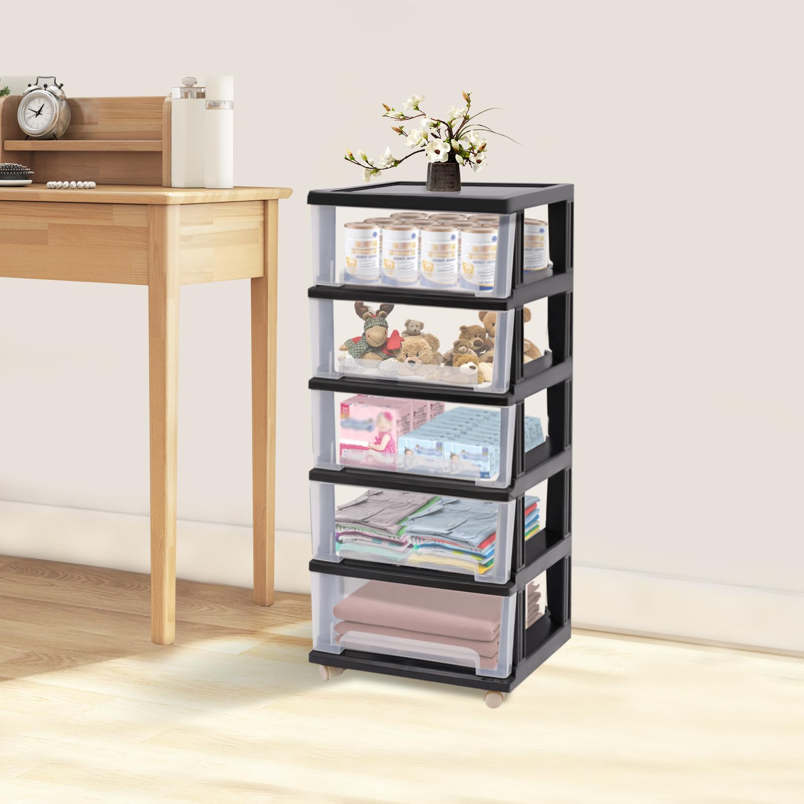 Cassettiera a 5 animali, in plastica PP, con 4 ruote, per cucina, bagno, soggiorno, ufficio, corridoio, trasparente, 40 x 33 x 98 cm