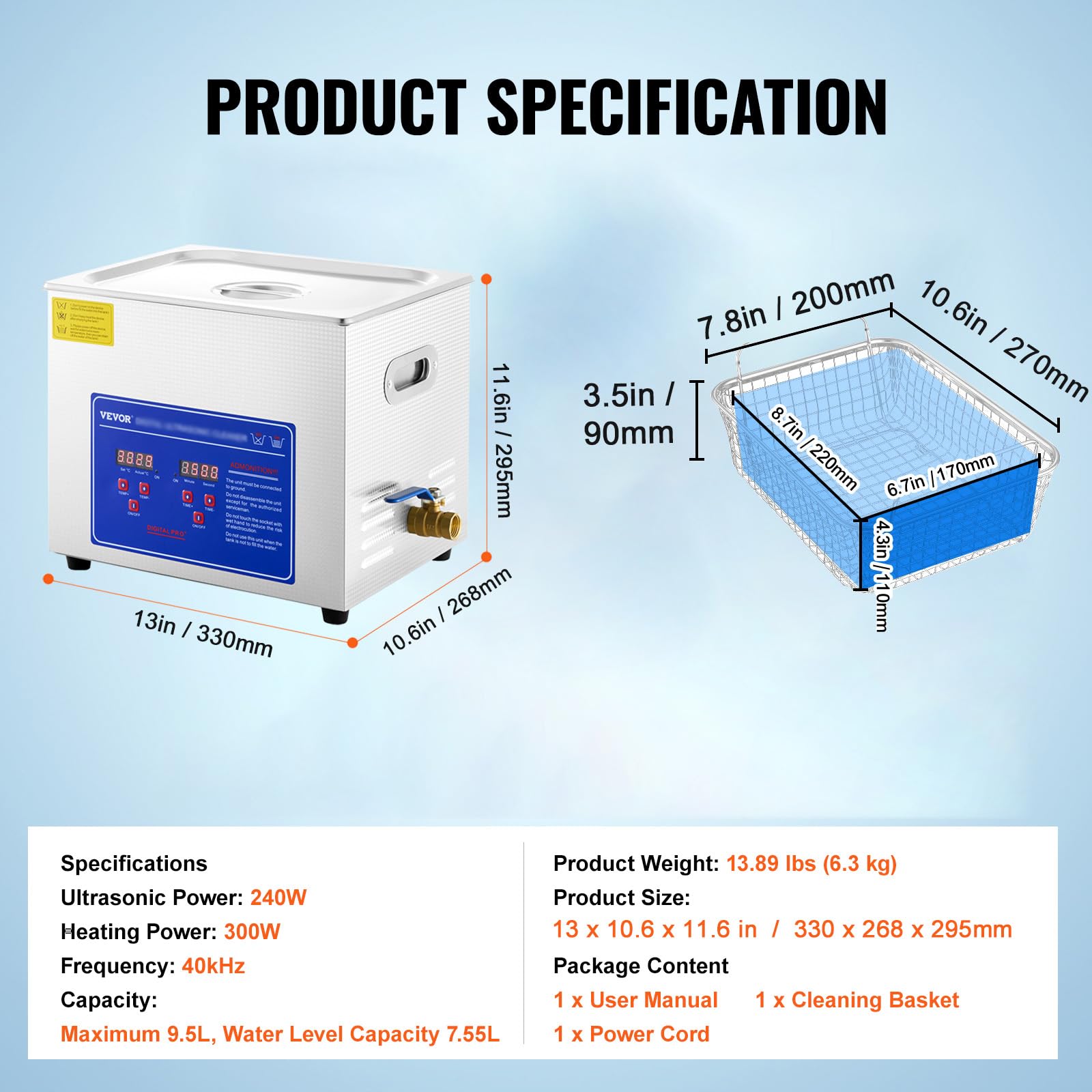 VEVOR Professioneller Ultraschallreiniger 10 L, Ultraschall Reinigungsgerät mit Digitalem Timer & Heizung, Schmuckreiniger 40 kHz Ultraschallreinigungsmaschine für Brillen, Uhren, Ringe & Kleinteile