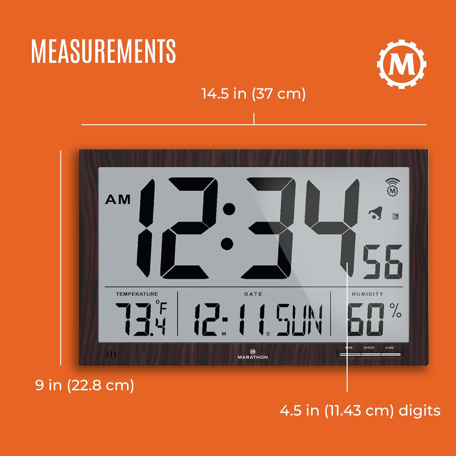 Diagram showing the measurements of the Marathon CL030062WD clock