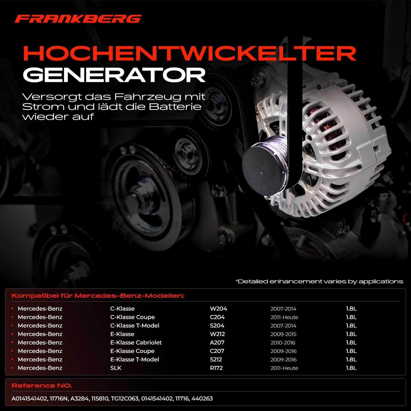 Frankberg Lichtmaschine Kompatibel mit W204 2007-2014 C204 2011-Heute S204 2007-2014 W212 2009-2016 A207 2010-2016 C207 2009-2016 S212 2009-2016 R172 2011-Heute