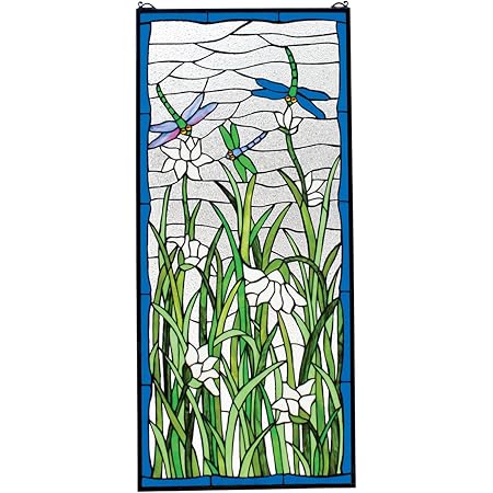 Amazon Com Design Toscano Dragonfly Dance Stained Glass Window Hanging Panel 40 Inch Grass Green Home Kitchen