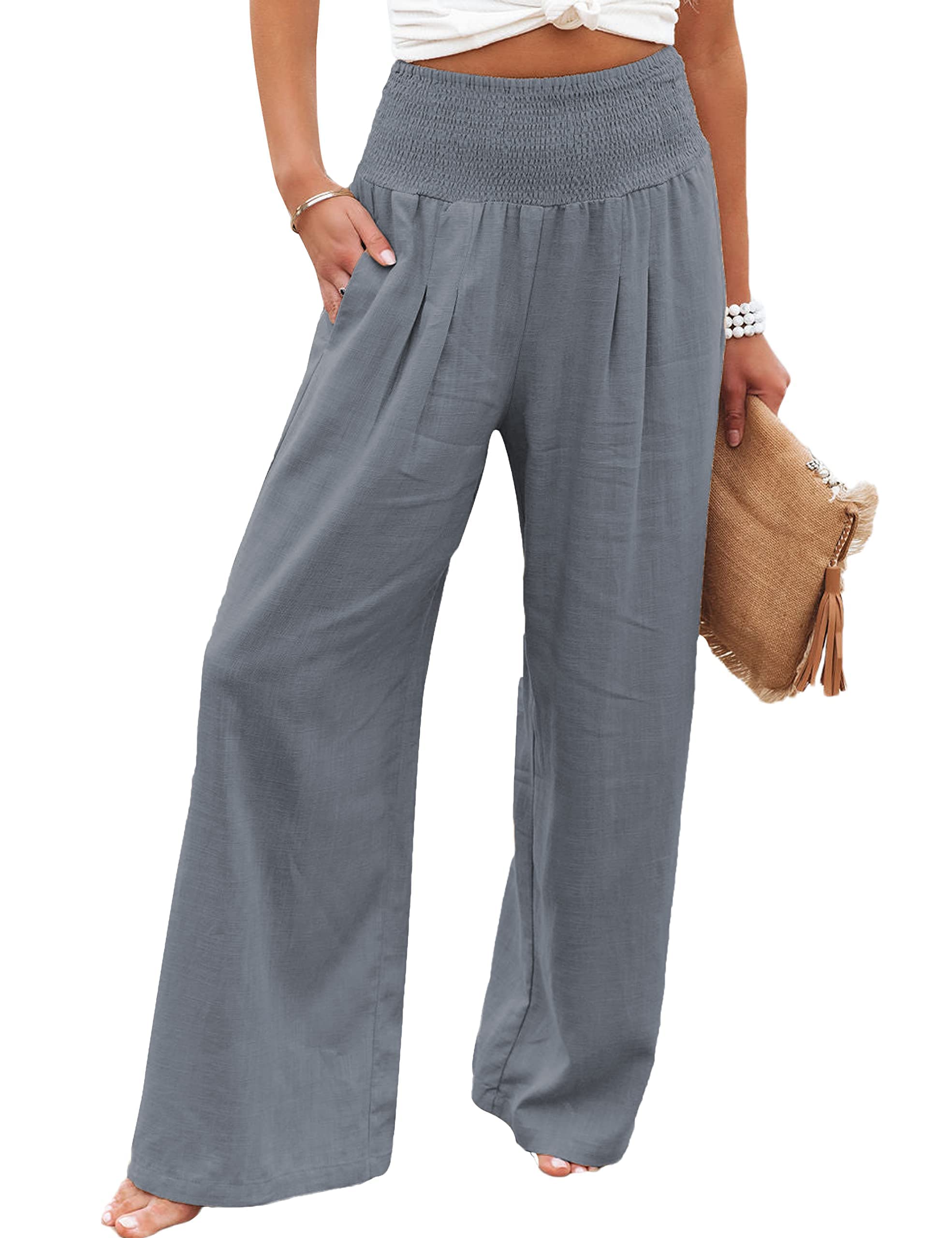 GLIENSTWomens Casual High Waisted Linen Wide Leg Stretchy Palazzo Pants Smocked Lounge Trousers with Pockets S-2XL