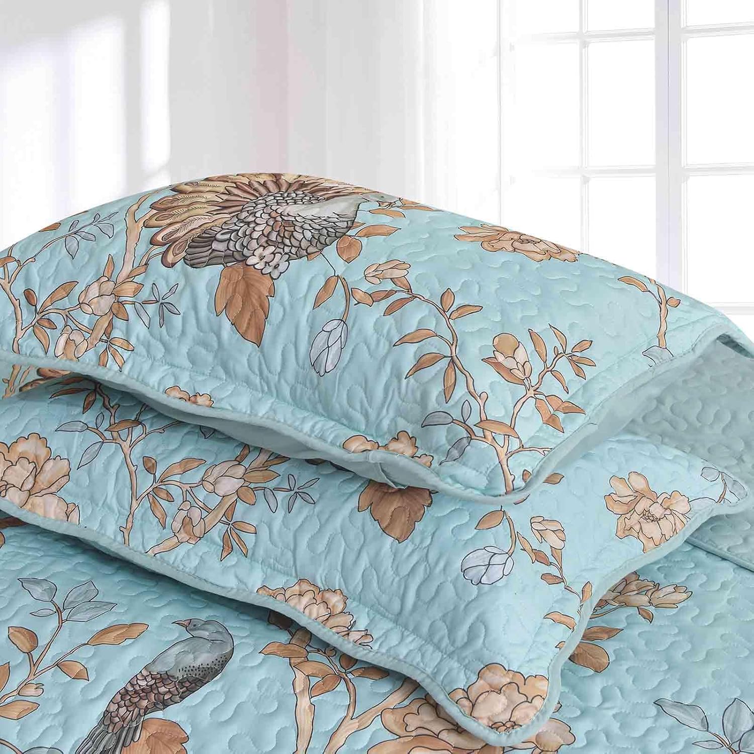 Nanko Quilt Set Queen Size 3pc, Teal Blue Yellow Floral Bird Oversized Scallop Bedspreads, Soft Lightweight Coverlet Bed Spreads Farmhouse Thin Quilted Comforter Vintage Bedding Set Women Men 90x96 In