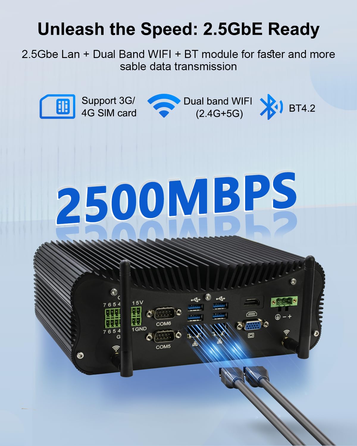 Industrial Mini PC Core i7 1165G7, lüfterlos PC I7, Dual 2.5Gbe Lan, 9-36V | Industrie Computer 6 RS232/RS485 COM, 14Pin GPIO, HD, VGA, SIM-Slot, Wifi, BT4.2, Win 11/Linux, 16GB RAM 256GB SSD