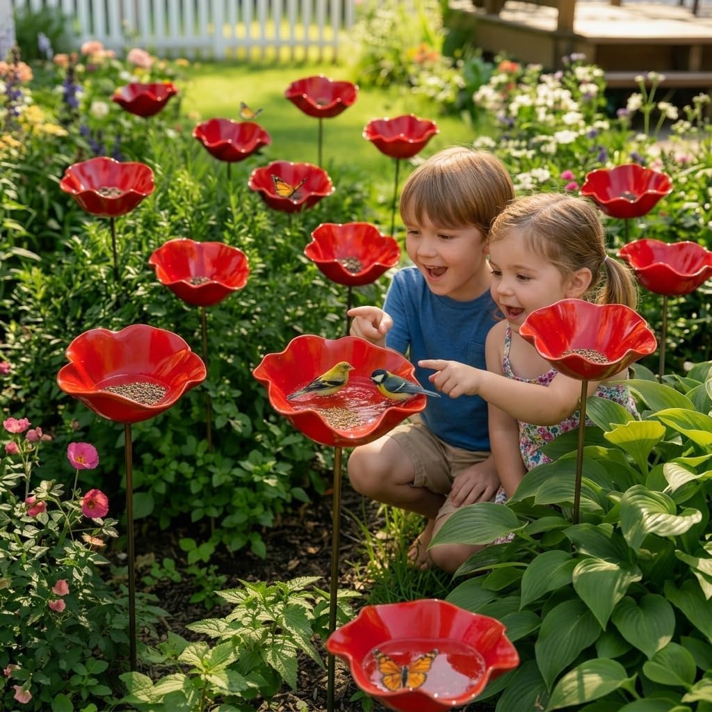 Vogeltränke Blume aus Metall,Handgefertigte Metall Gartenstecker als Vogeltränke & Bienentränke in Blumenform,Winterfest,für Bienen,Schmetterlinge (2 Stück)