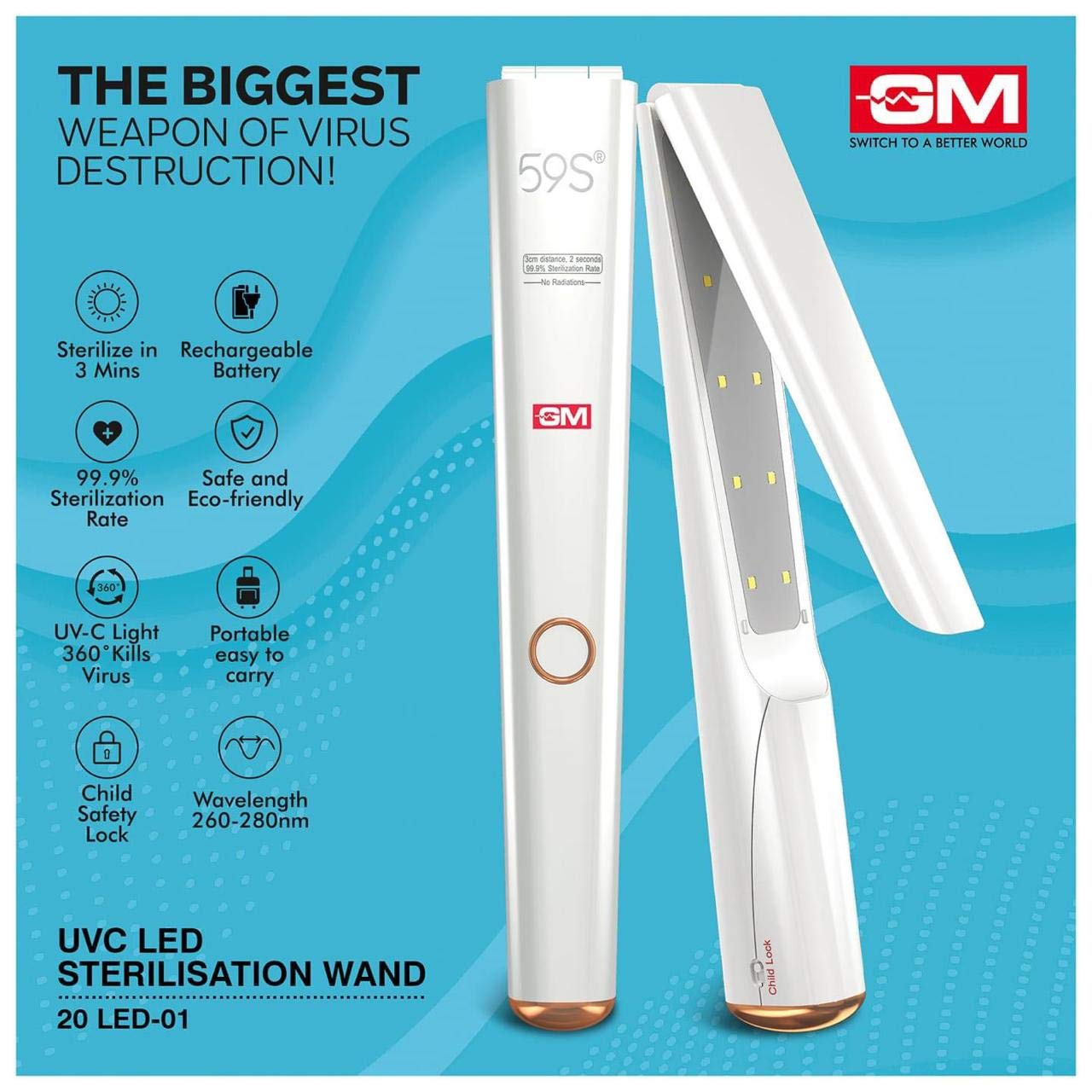 GMUVC MULTIUSE DISINFECTION WAND KILLS 99% GERMS PORTABLE