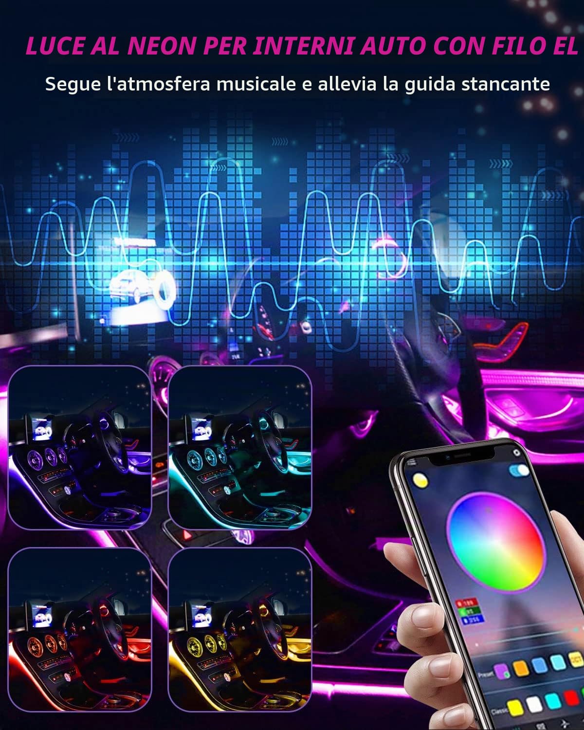 Striscia LED per interni auto, controllo tramite applicazione, illuminazione 5 in 1 con fibra ottica RGB da 6 m, 16 milioni di colori, sincronizzazione con musica