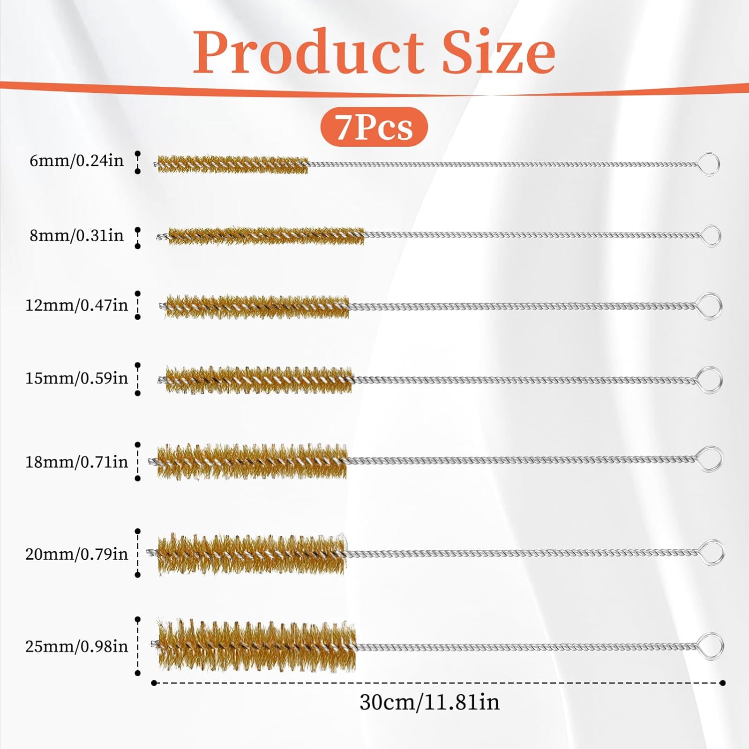 7Pcs Brass Wire Tube Brushes Bottle Brush Set, Long Wire Cleaner Bore Brush 7Sizes 12Inch Long Wire Brushes Tube Cleaning Lab Brushes Stainless Steel Round Wire Brush for Tubes Bottle Keyboards Glass