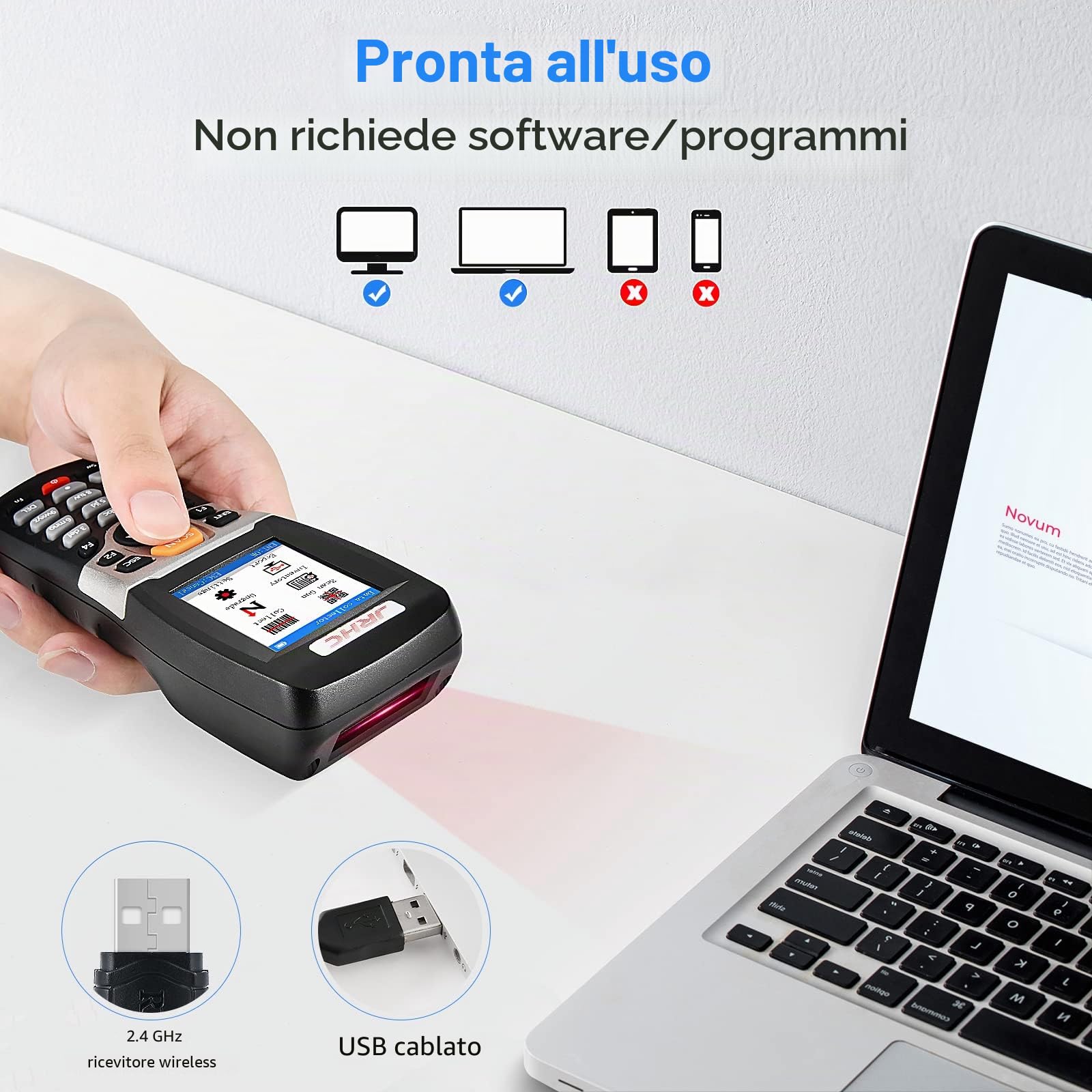 Scanner wireless per codici a barre, scanner per inventario, portatile, dispositivo di inventario per terminali dati, USB, PDT, con schermo LCD TFT a colori da 2,2 pollici, per negozi,