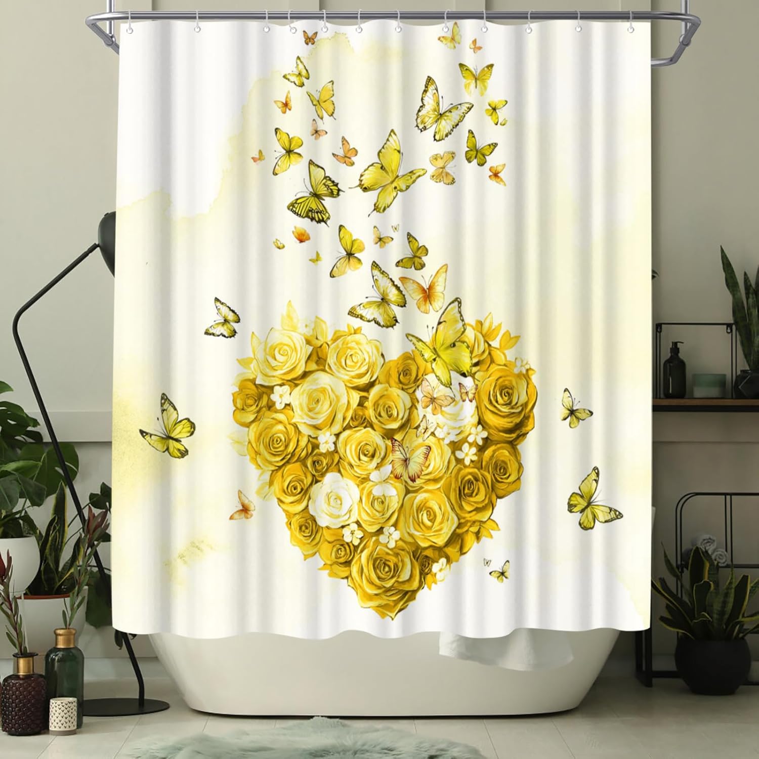 WELMECO Flower and Butterfly Shower Curtain, Romantic Heart Bathroom Decor Polyester Fabric 72x72inch Bath Curtain with Hooks (Yellow)