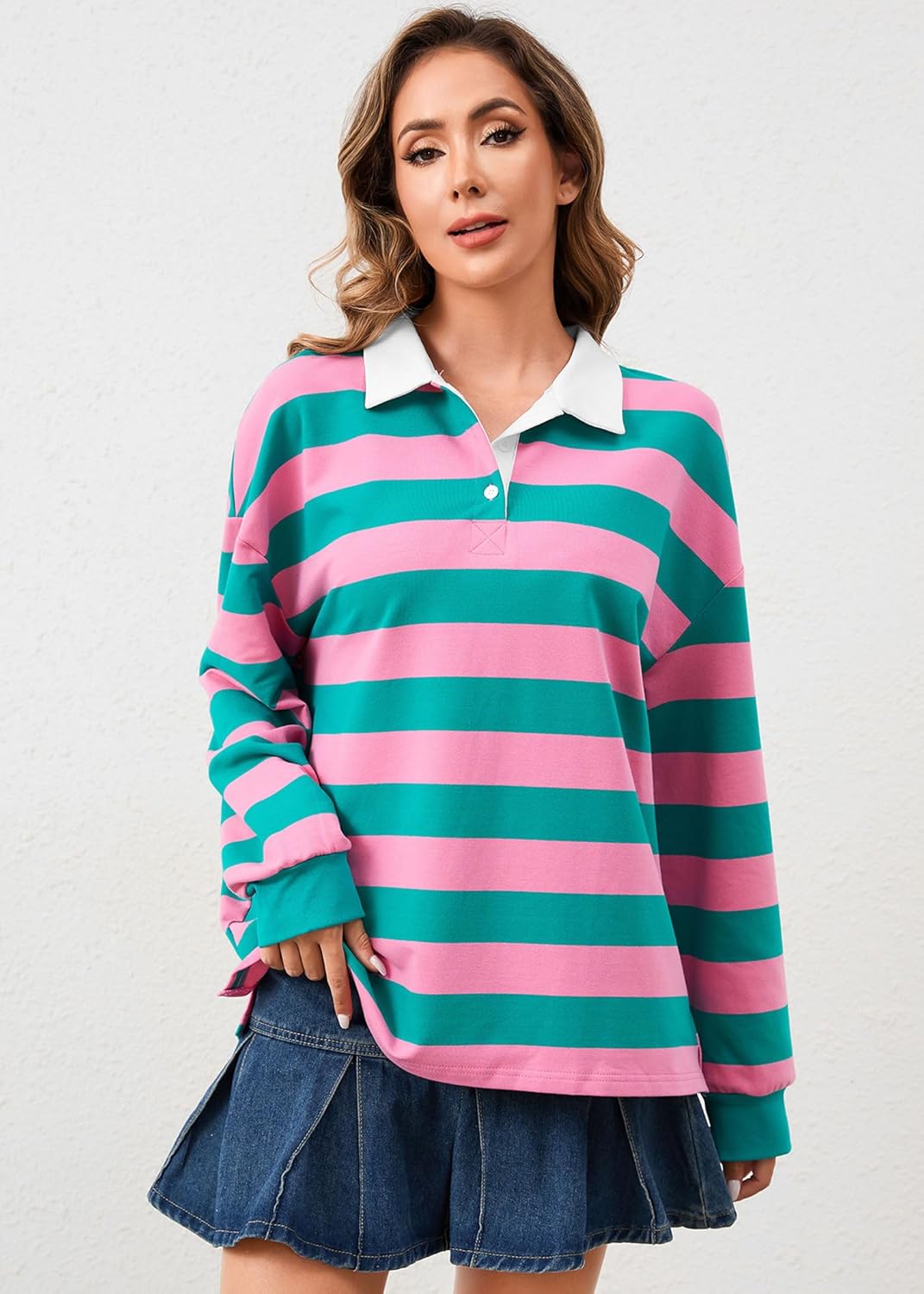 Women's Oversized Striped Polo Sweatshirt Long Sleeve Rugby Collared Pullover Tops Loose Fit Shirt - Image 2