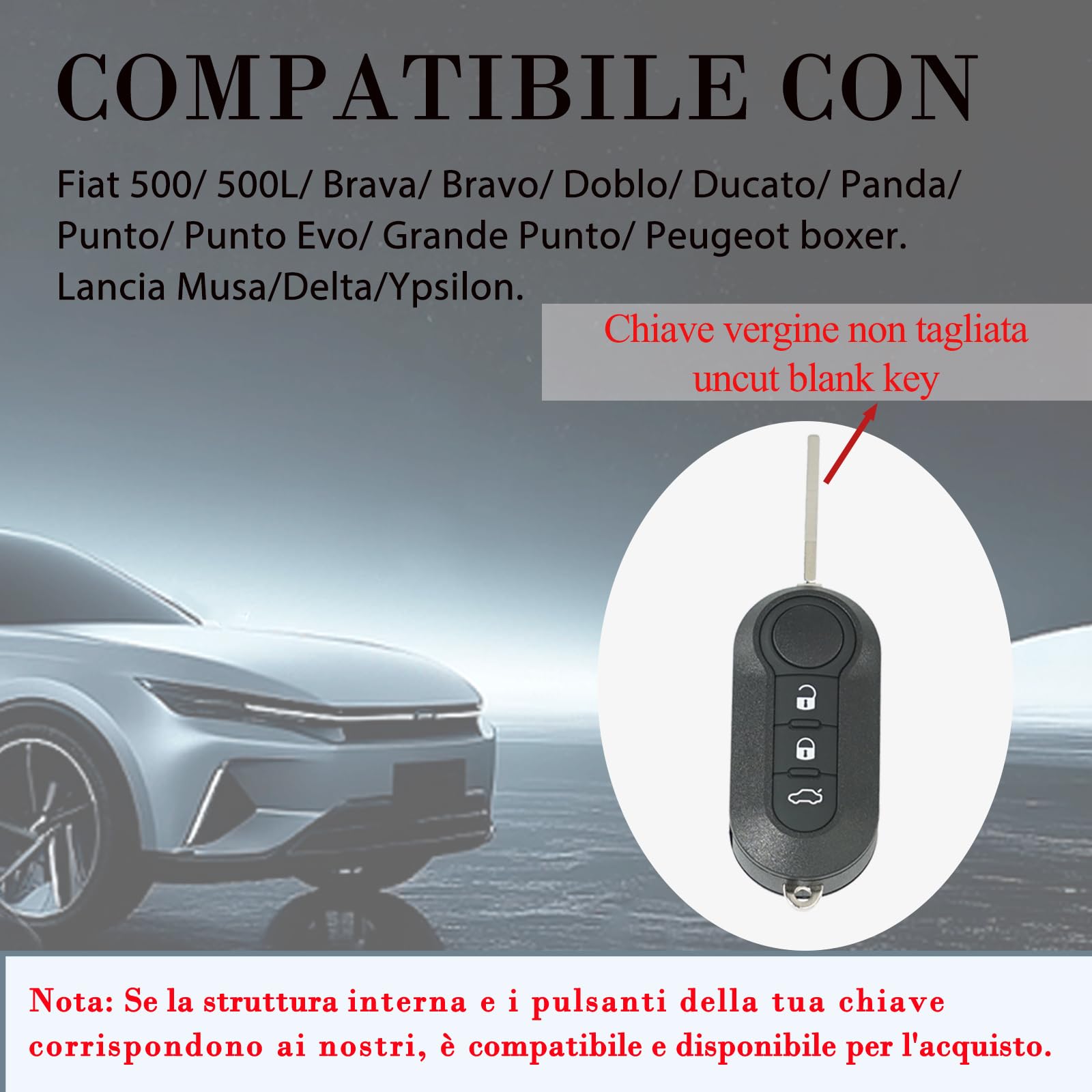 SUPALAND Guscio Chiave Di Ricambio a 3 Tasti Per Telecomando Auto Con Lama Compatibile Con Fiat 500L 500 Punto Evo Grande Bravo Panda Ducato Lancia Con 1 Cacciavite, 1 Catena Portachiavi