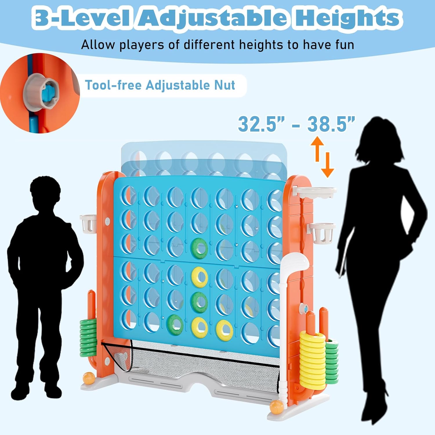 Costzon Giant 4-in-A-Row Connect Game, Height Adjustable 4-in-1 Jumbo 4-to-Score Yard Game with Golf, Ring Toss, Basketball, Cup Holder & Mesh Net, Indoor Outdoor Game for Kids Adults Family Party