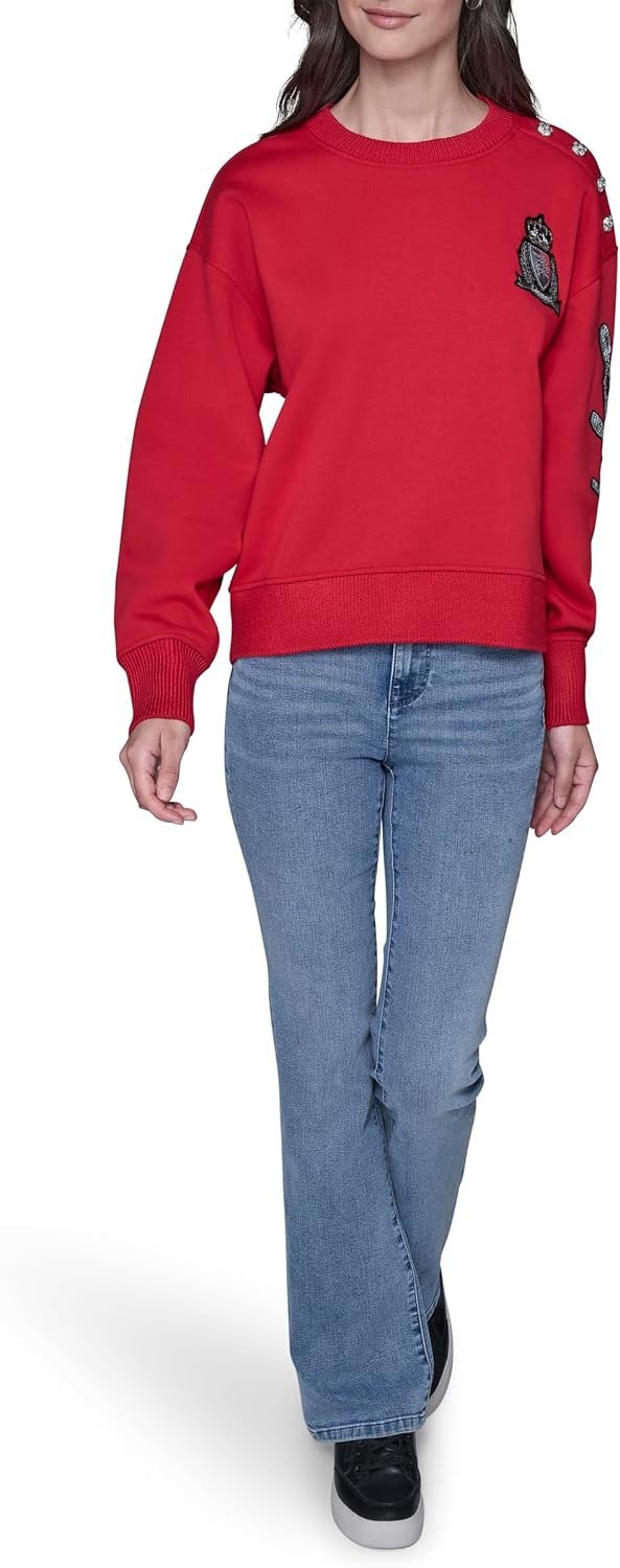 KARL LAGERFELD womens Long Sleeve Crew Neck Varsity Patch Fleece Sweatshirt - Image 2