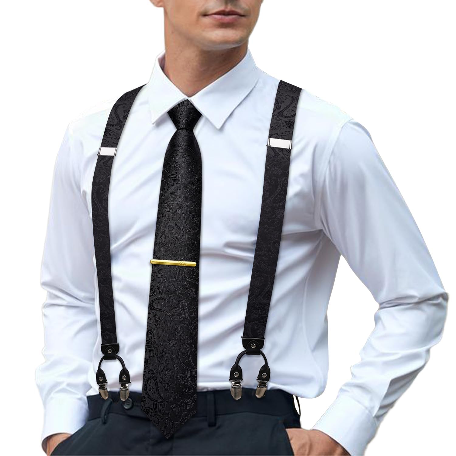 Hi-Tie Men's Suspenders and Tie Set Silk Adjustable Elastic Y Braces with Strong 6 Clips Pocket Square Set