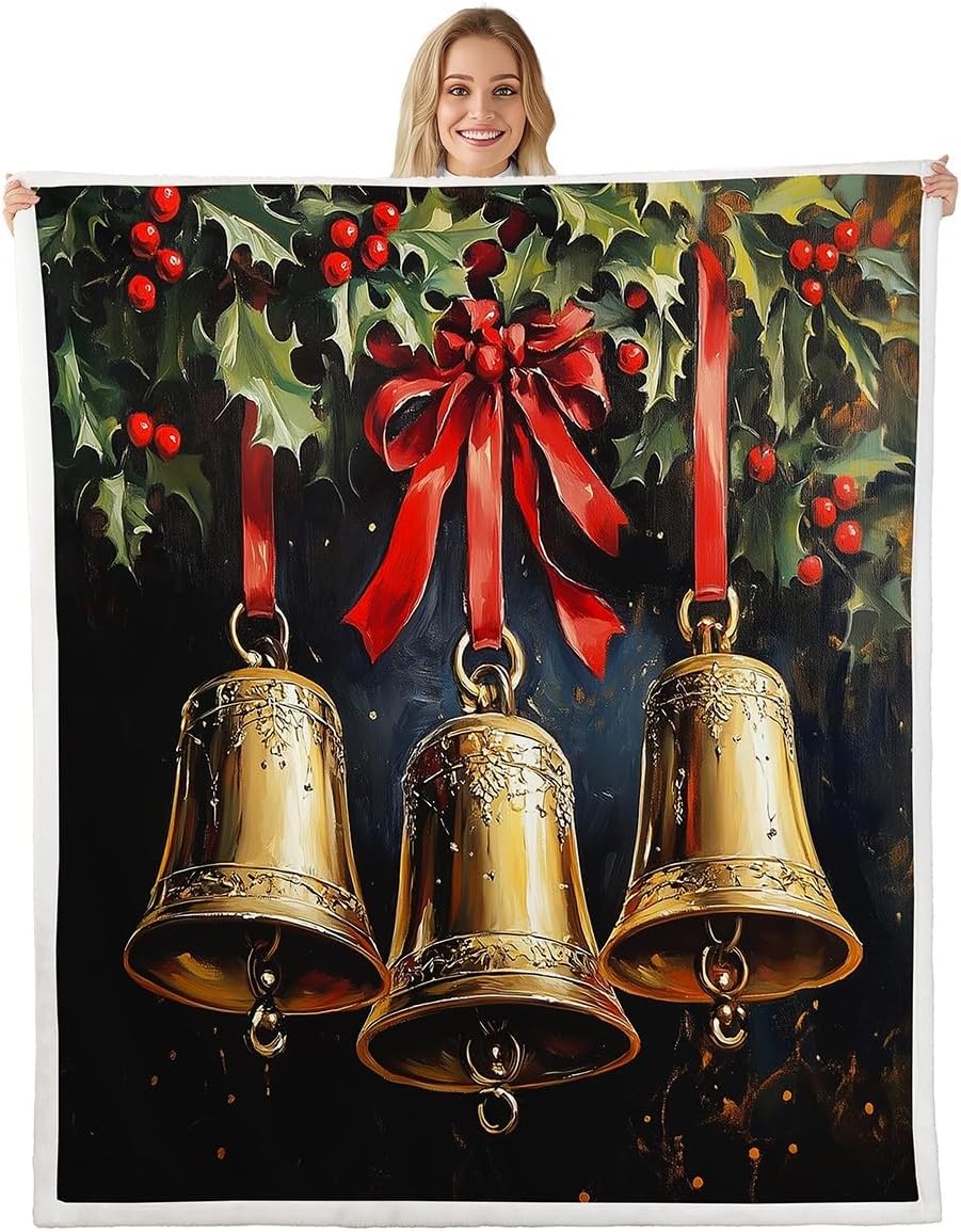 Christmas Theme Flannel Blanket,Red Bowknot Golden Small Bell Print Fuzzy Blanket for Children Present,Xmas Green Leaves Tree Plant Black Polyester Throw Blanket for Couch, Twin Size (60 x 80 Inch)