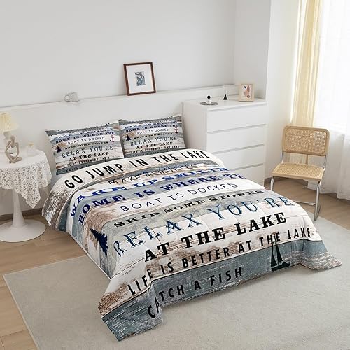 Miniatura 2 de Juego de edredón de tamaño individual con reglas del lago, juego de ropa de cama rústica para campamento, tablero de madera verde azulado, relleno