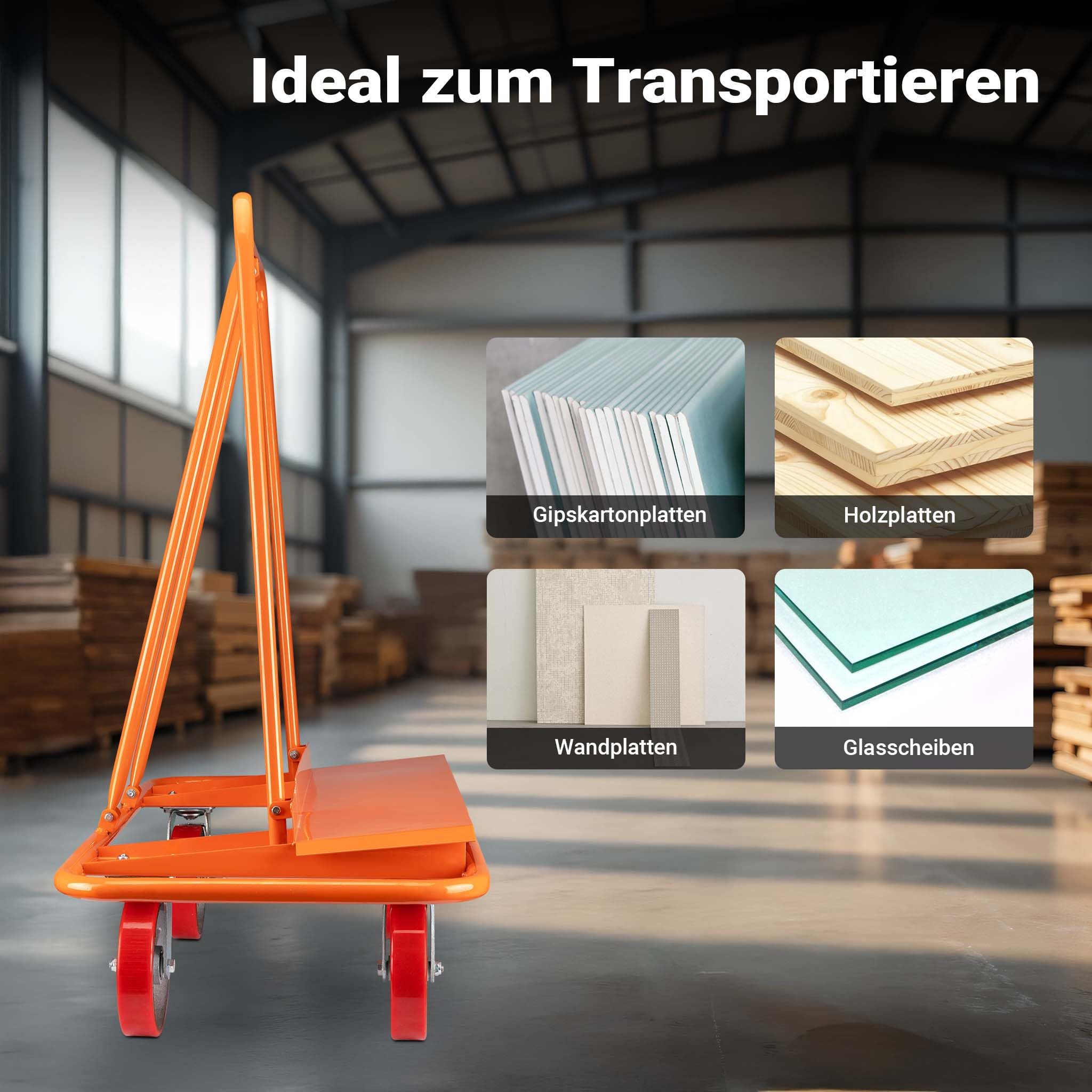 Wiltec Plattenkarren bis 1500 kg, Plattentransportwagen 120 x 59 x 110 cm aus Stahl, Plattenwagen zum Transport von Trockenbauwänden, Holz- und Gipskartonplatten, Fenstern u.v.m.