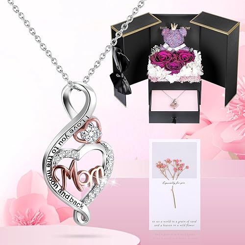 Miniatura 130 de ADDWel Rose Gifts for Women - Preserved Real Roses Forever Purple Flowers with I Love You in 100 Languages Necklace and Cute Moss Bear for