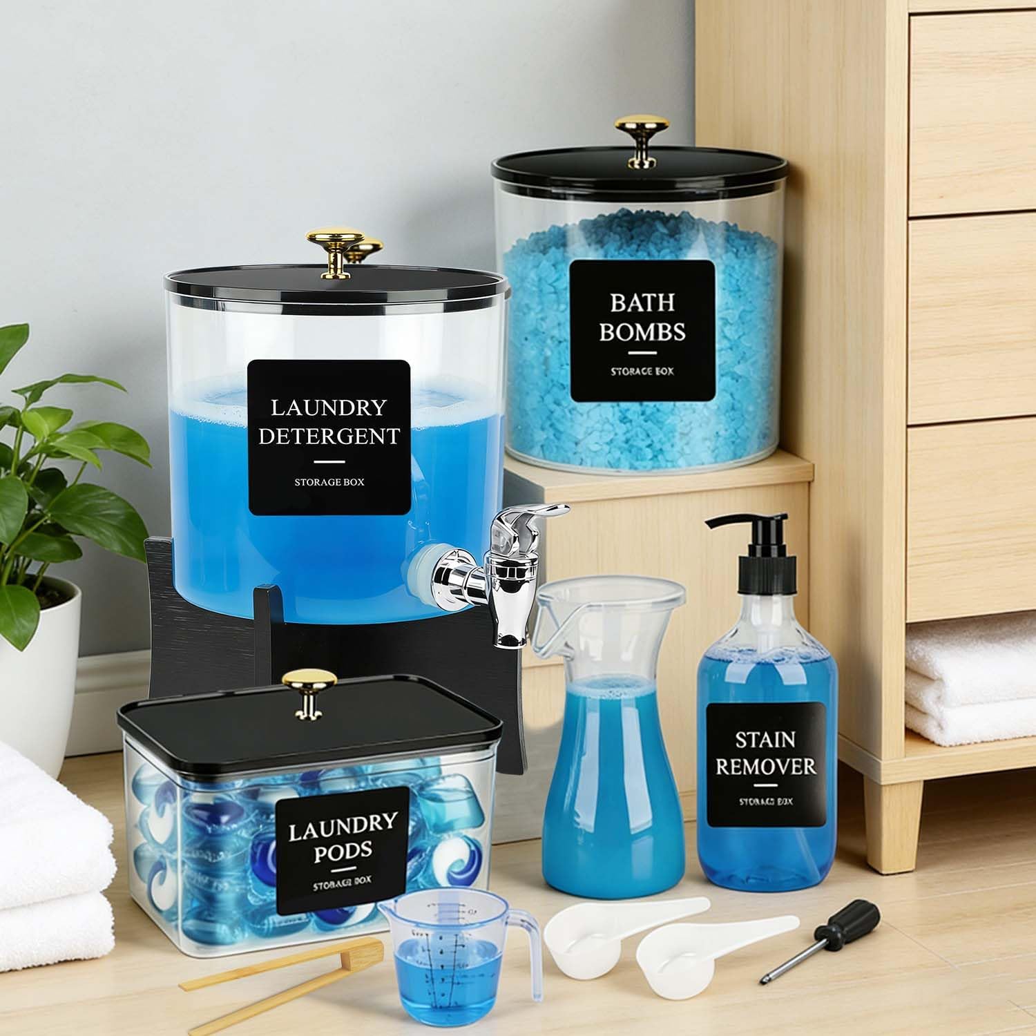 Laundry Room Organization Containers with Stand Laundry Detergent Dispenser, Clear Laundry Pods Powder Containers, Fabric Softener Bottle, Hand Soap Dispenser, Spoon, Measuring Cup, Label Sticker