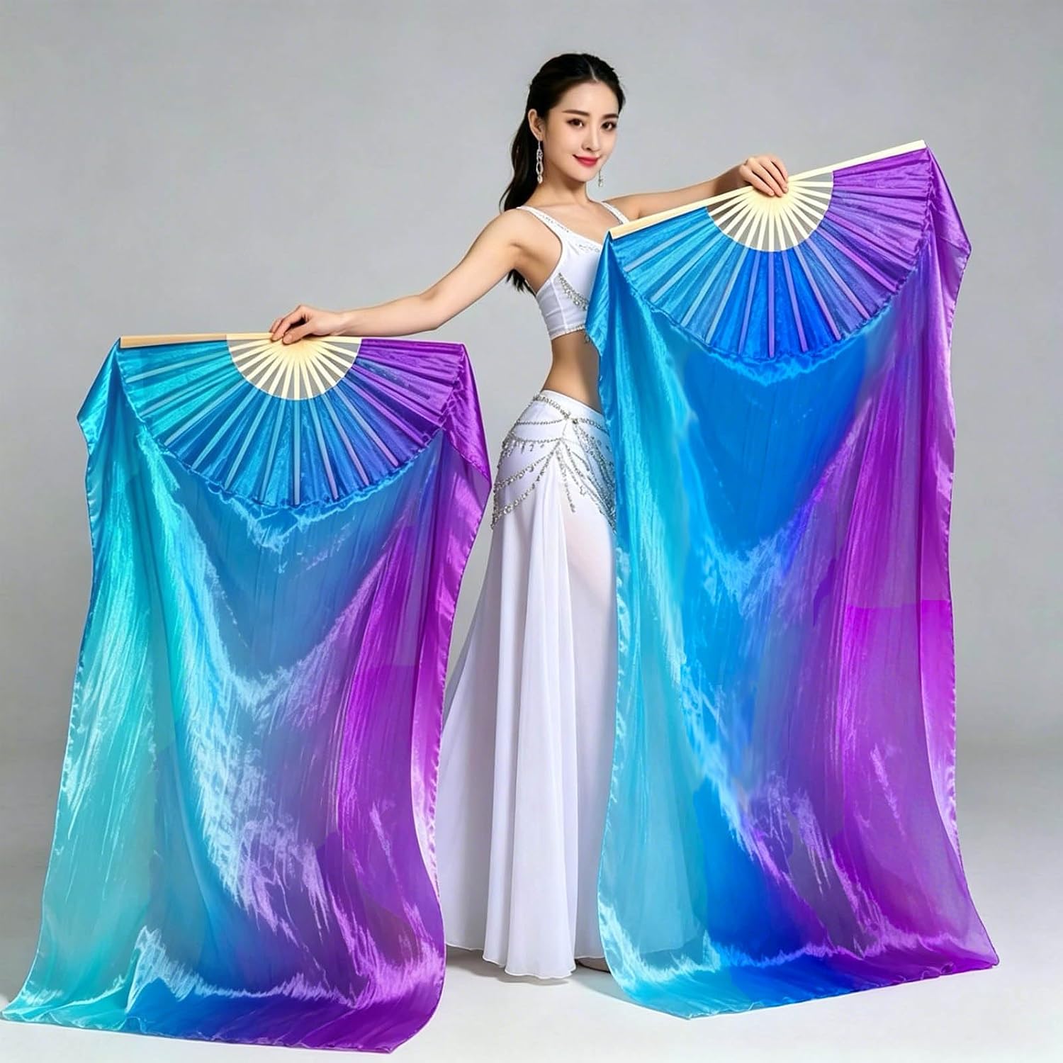 Women Chinese Natural Silk Hand Made 1 Pair (Left+Right) Belly Dance Fan Veils Length 1.8m Width 0.9m