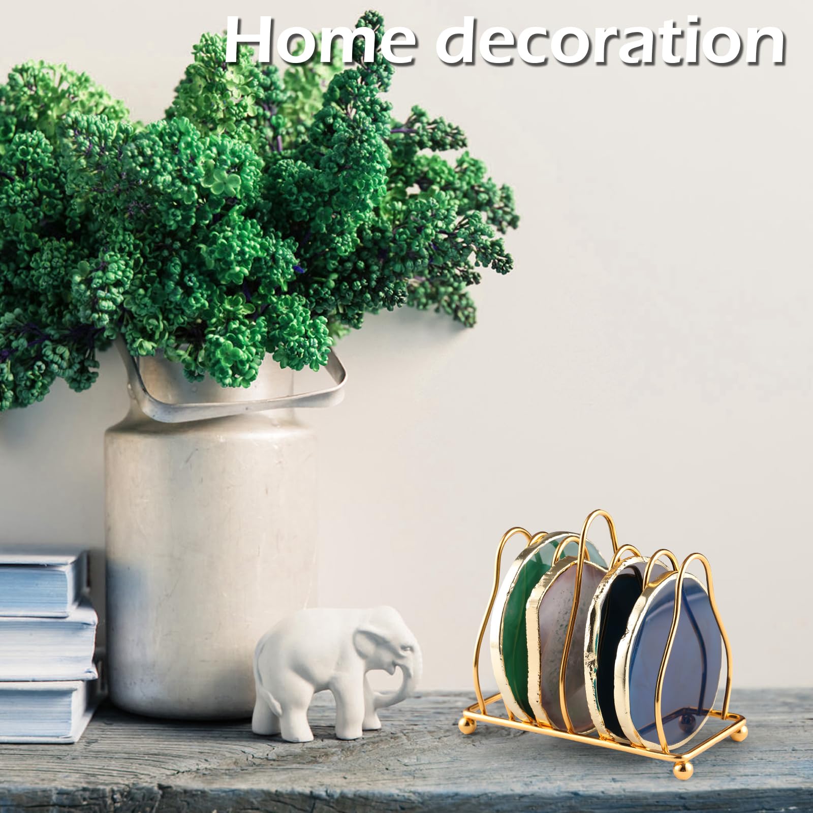 FUSHENMU Agate Coasters 3.5-4’’ Natural geode Coasters with Golden Rim & Coaster Holder Coffee bar Home Decoration Housewarming Gift Set of 4