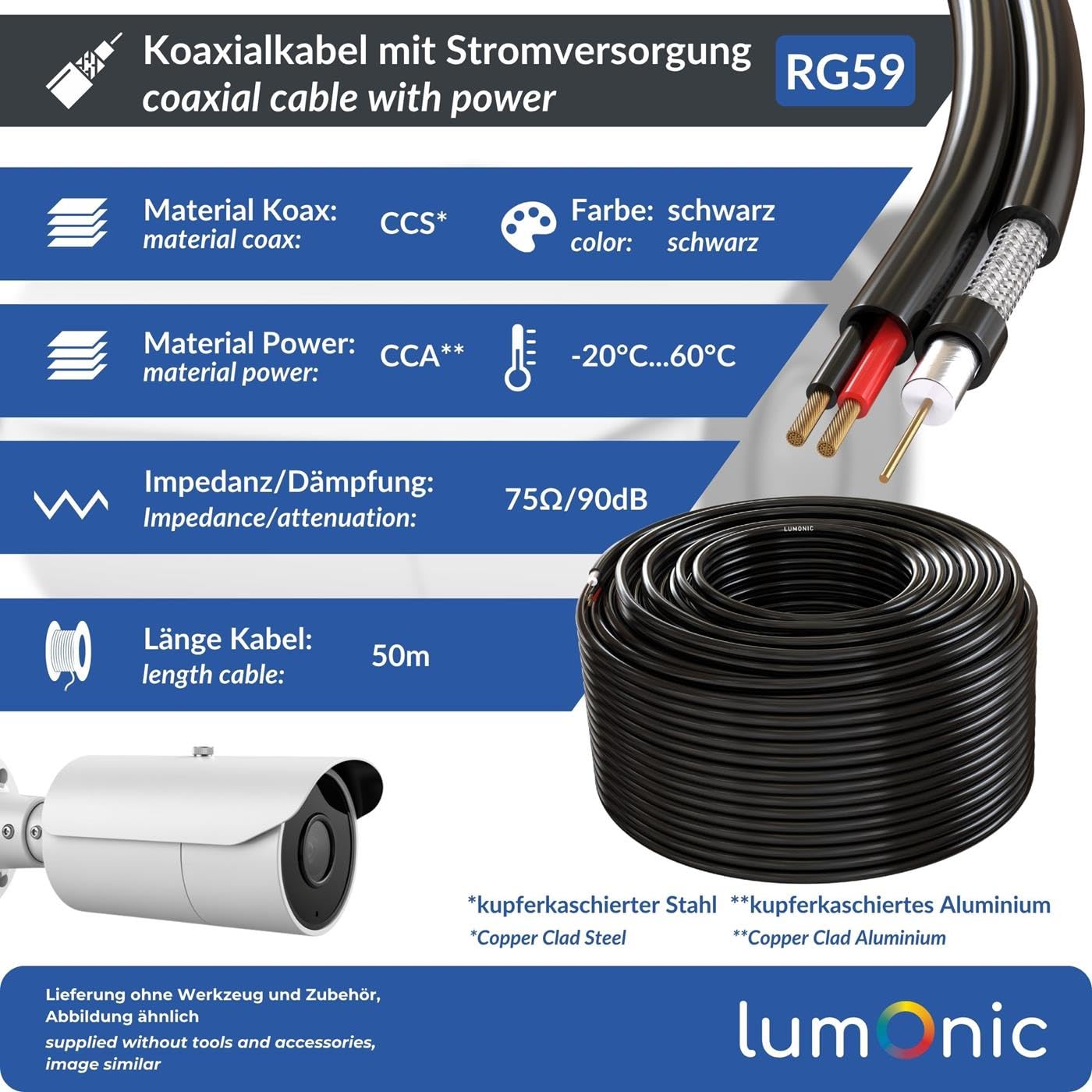 Lumonic RG59 RG59 Cable coaxial + La línea eléctrica 50m | Cable de vigilancia CCTV con alimentación | Cable combinado de 75 ohmios, Doble blindaje, 90dB Amortiguación, Video + Electricidad