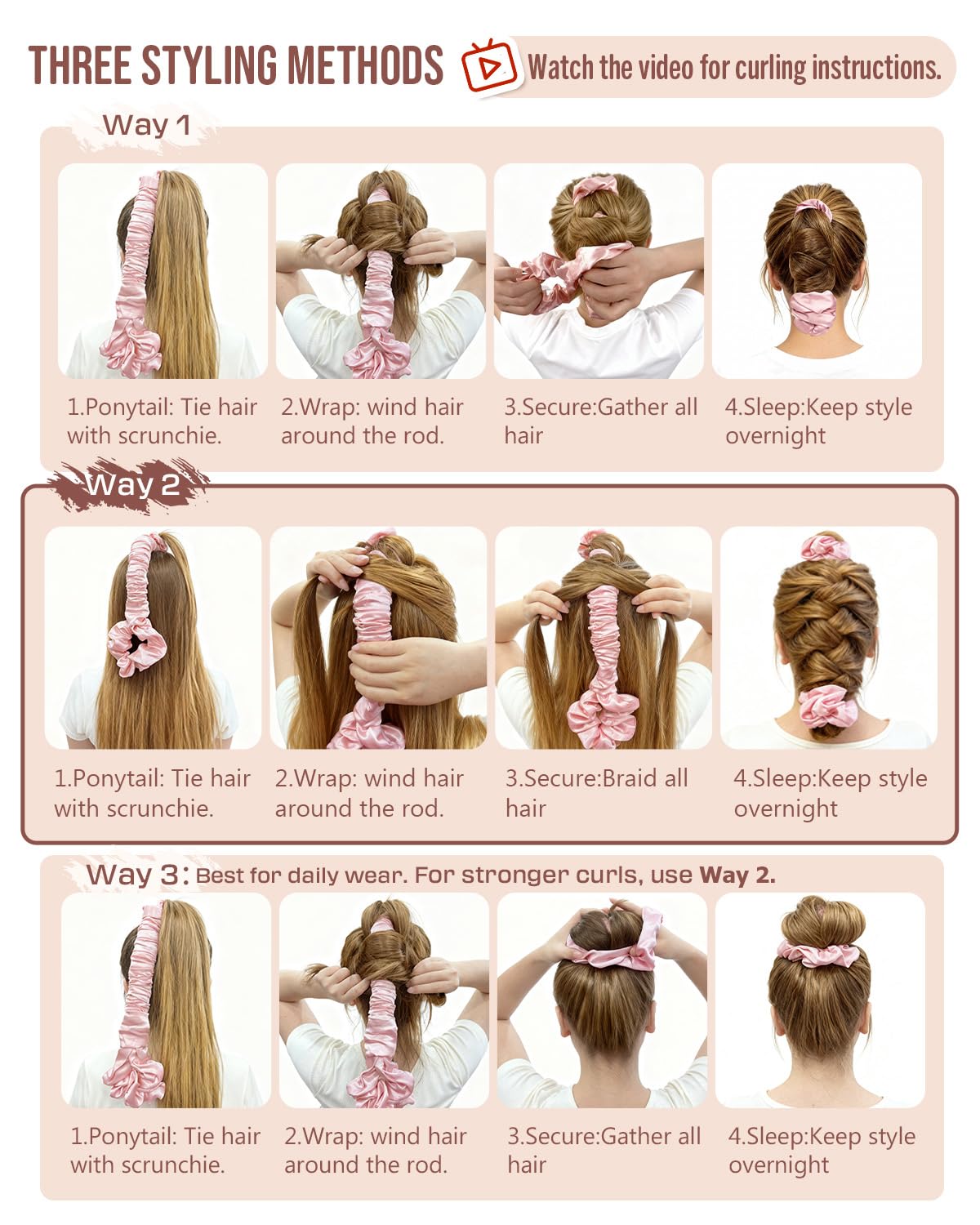 BONNET QUEEN Large Satin Heatless Hair Curler for Long Thick Hair, Heatless Curls Overnight, Hair Curlers to Sleep In, Damage-Free Waves for Women with Built-in Scrunchie, Cream Pink