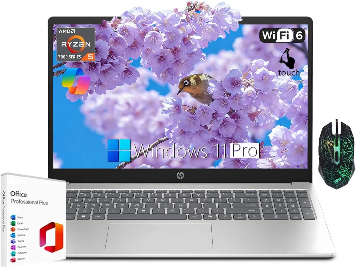 HP 15.6" FHD IPS Touchscreen Laptop with AMD Ryzen 5 7520U, 8GB LPDDR5• 1TB SSD• AMD Radeon Graphics• AI Copilot• Wi-Fi 6• Long Battery Life• Windows 11 Pro• MS Office 2021，Seibosfy