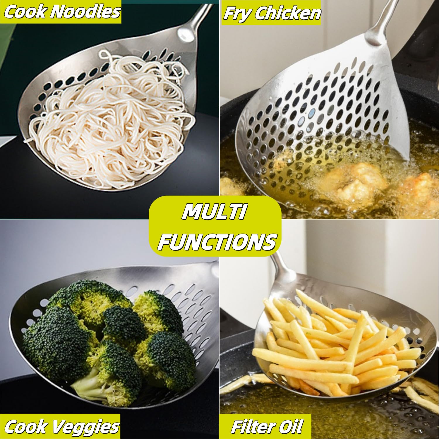 Skimmer Slotted Spoon, Spider Strainer Ladle with Big Draining Holes for Deep Frying and Cooking, Stainless Steel Pasta Strainer Utensils for Thanksgiving, spider skimmers for cooking