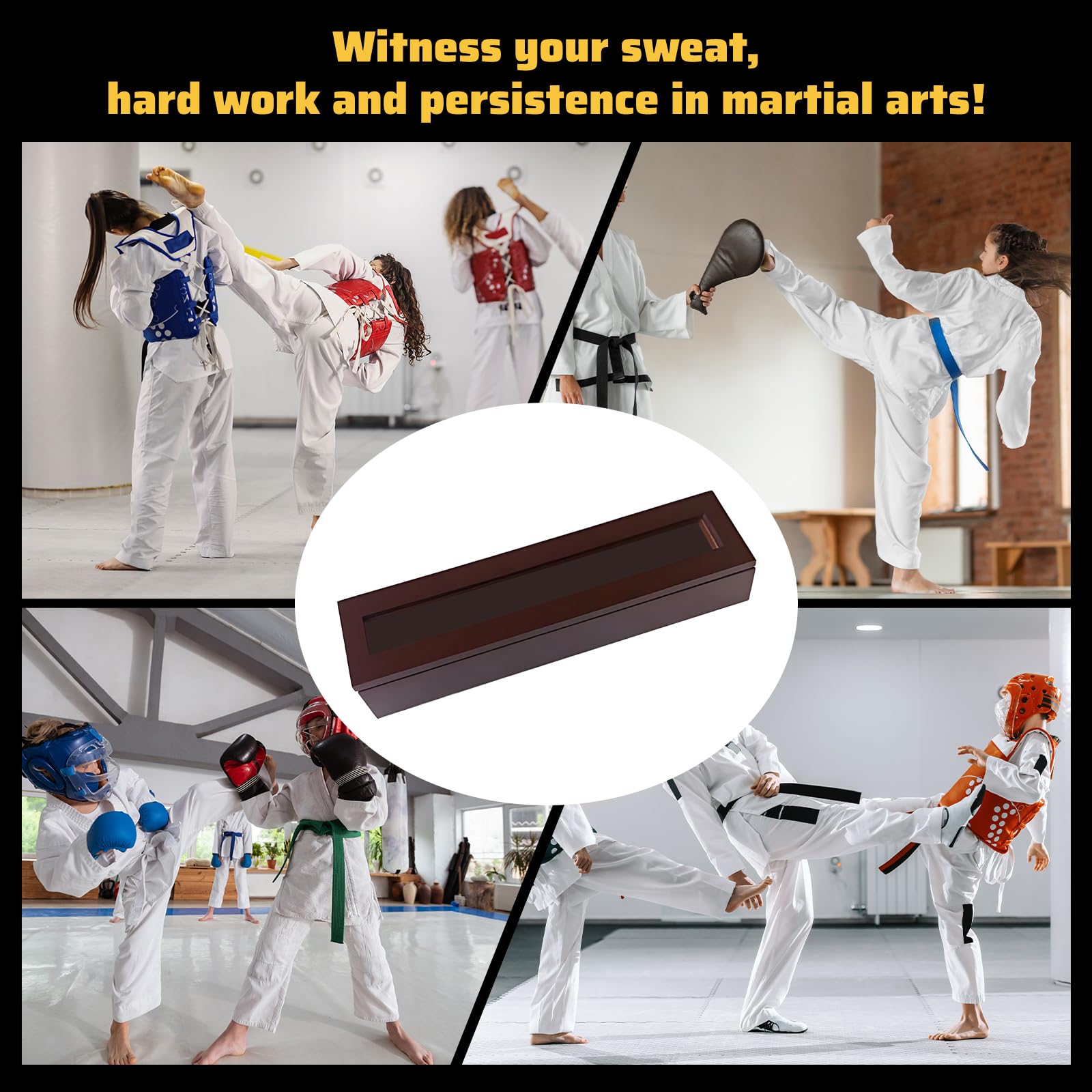 Taekwondo Organiseur de ceinture, grand design vintage en bois, boîte cadeau MMA, support de ceinture pour médailles, ceinture, souvenir, collection de stockage