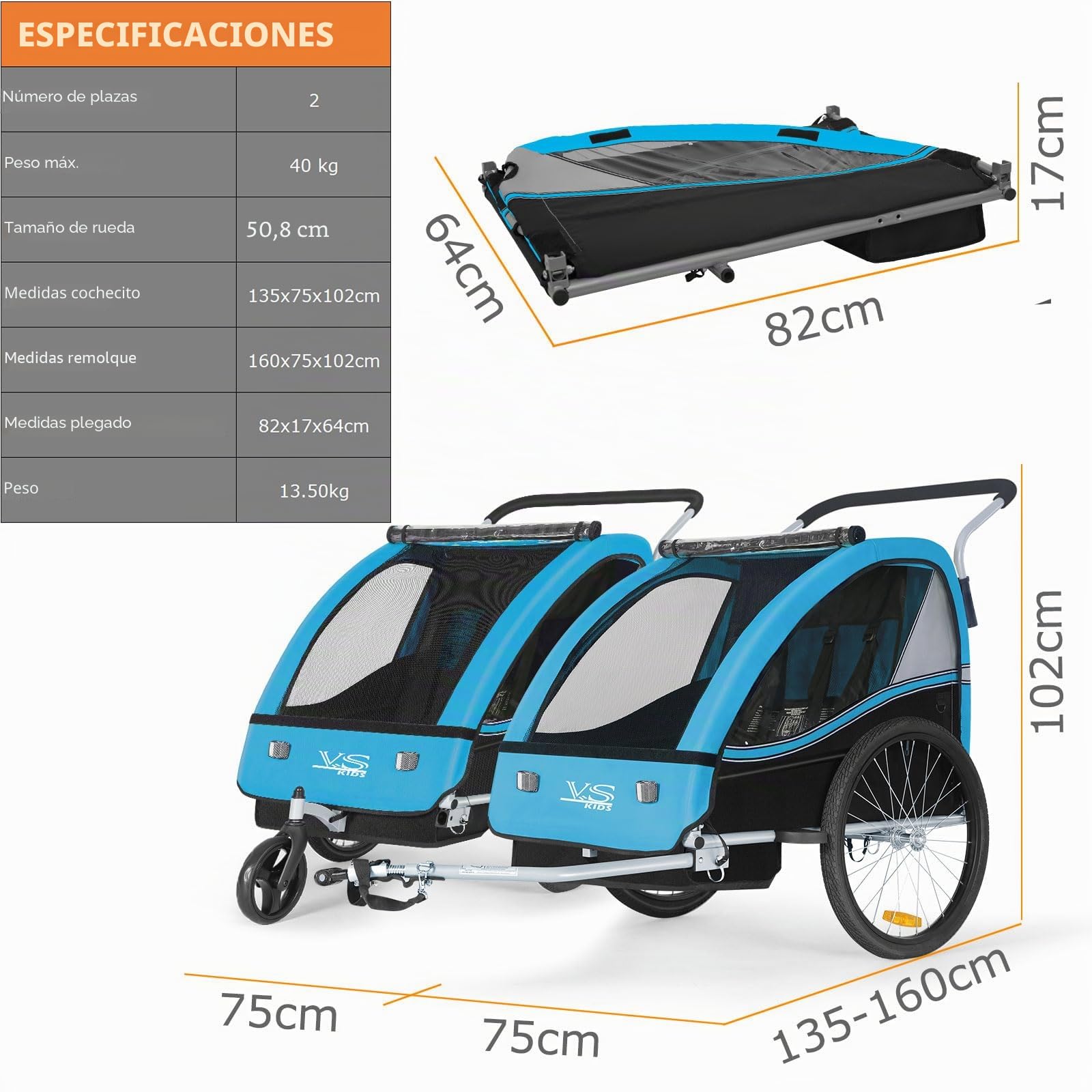 Tiggo VS 50202 Remolque infantil para bicicleta y cochecito 2 en 1