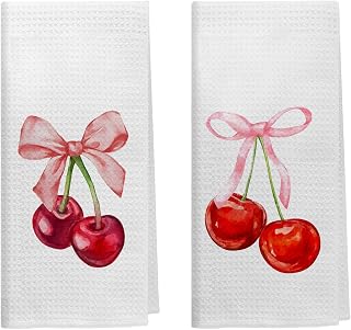 Pink Bow Cherry Kitchen Dish Towels, Preppy Aesthetic Aesthetic Cherry Decorative Hand Towels for Bathroom Kitchen, Coquette Girly Bathroom Decor, 16x24 Inch Set of 2