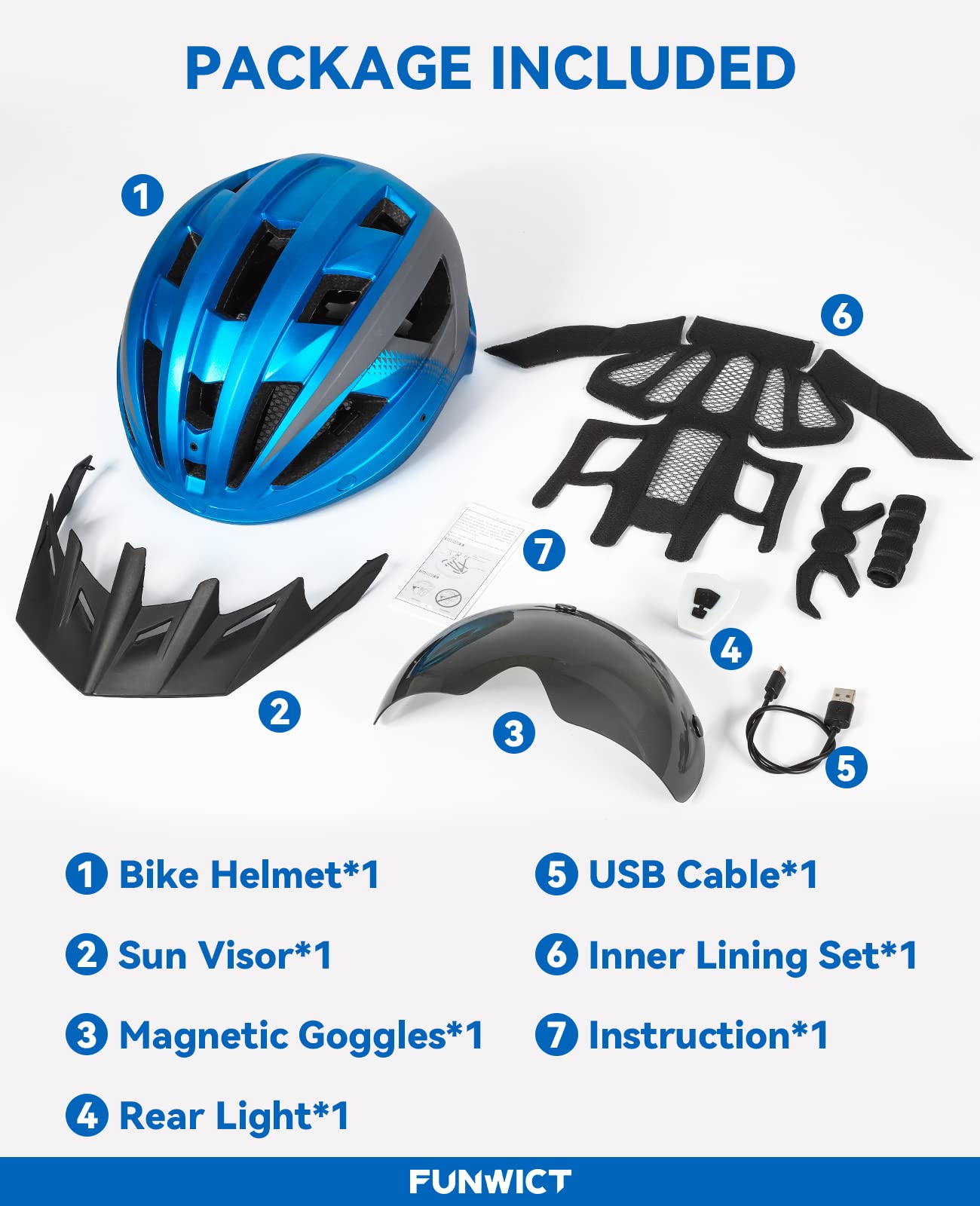 Kask rowerowy męski i damski, lekki kask rowerowy z magnetycznym wizjerem i ładowaniem przez USB, stylowy kask górski 57-61 cm, biało-czarny (M: 54-58 cm, Niebiesko szary)