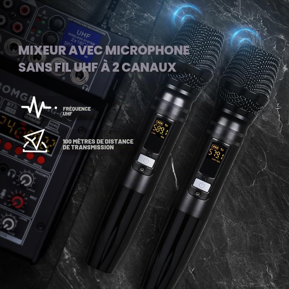 BOMGE 04E Table de mixage audio karaoké 4 canaux avec double micro sans fil UHF, console de son, MP3, Bluetooth, alimentation fantôme, interface audio USB, mixage DJ pour fête informatique studio