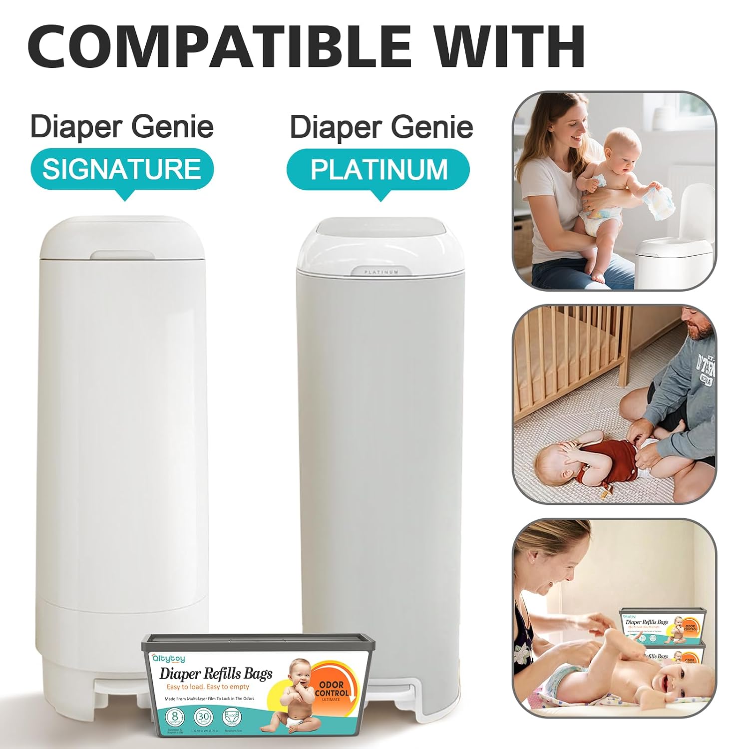 Diaper Pail Refill Bags Compatible with Diaper Genie Easy Roll Signature & Platinum Pails,30 Bags Hold up to 1400 Newborn Diapers Extra Thickness Powerful Odor Control Long-Lasting Easy to Use