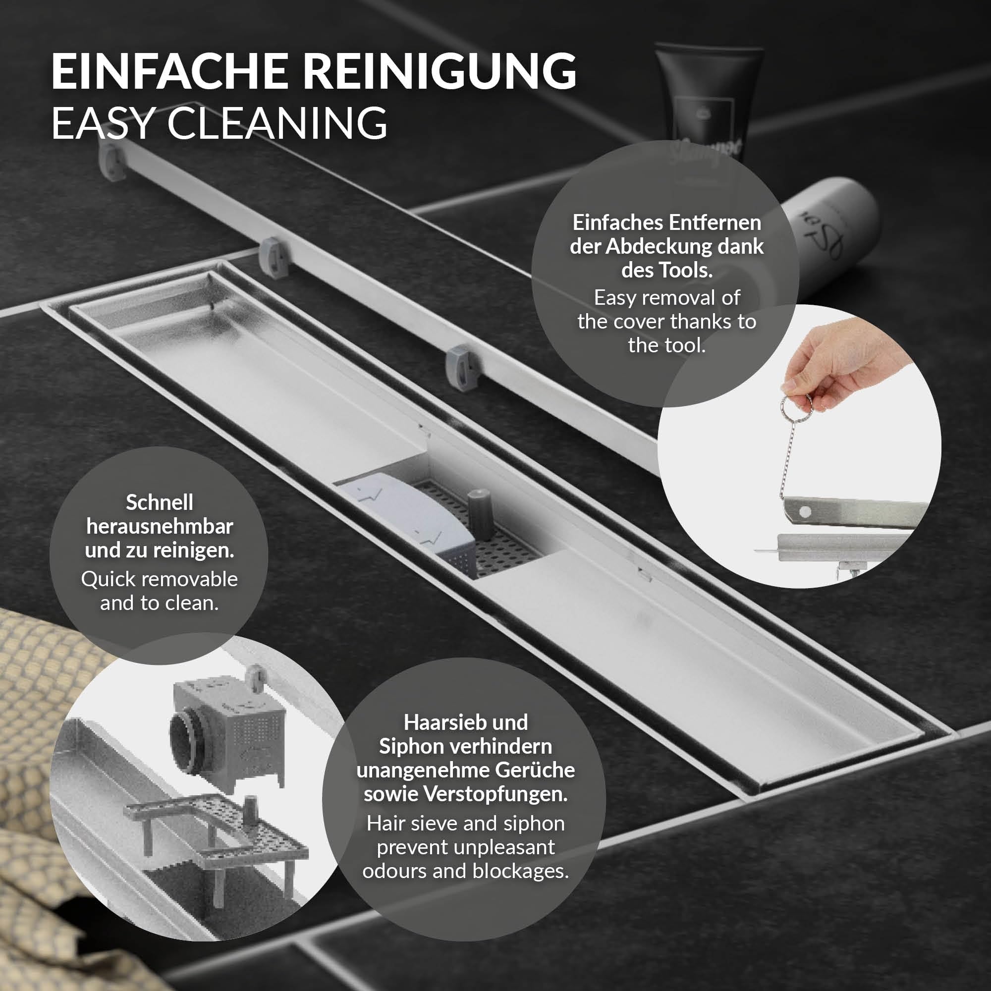 LuxeBath Canal de Ducha Desagüe 60cm 2en1 Extraplano Acero Inóxidable Fijación al Suelo Sumidero Sifón Doble Cara Autolimpiante con Tope para Olores y Colador de Pelo Alcantarillado para Baño