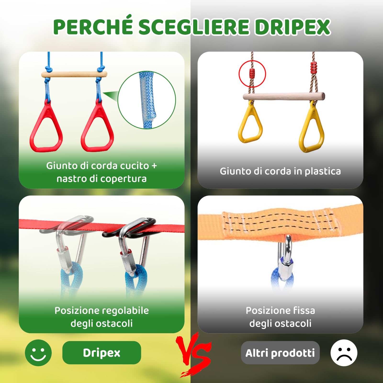 Dripex Percorso ad Ostacoli Ninja per Bambini 15m×2 Slackline 10 Ostacoli durevoli Allenamento all'aperto Cortile Altalena Rete Scala Arrampicata