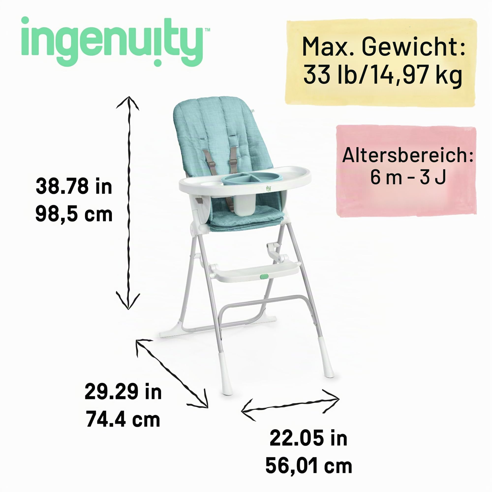 Ingenuity: ity by Ingenuity Sun Valley Kompakter Klapphochstuhl - Lebensmittelechter Teller, 5-Punkt-Gurt - Für Alter 6 Monate und älter, Unisex - Blau