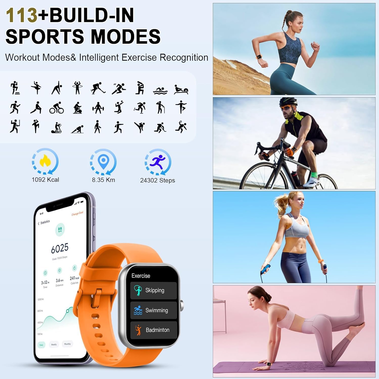 Reloj Inteligente Hombre Mujer, 1.96" Smartwatch con Llamada Bluetooth, Pulsómetro/Monitor de Sueño/SpO2/Podómetro, 113+ Modos Deportes Pulsera Actividad Impermeable IP68 Smart Watch para Android iOS