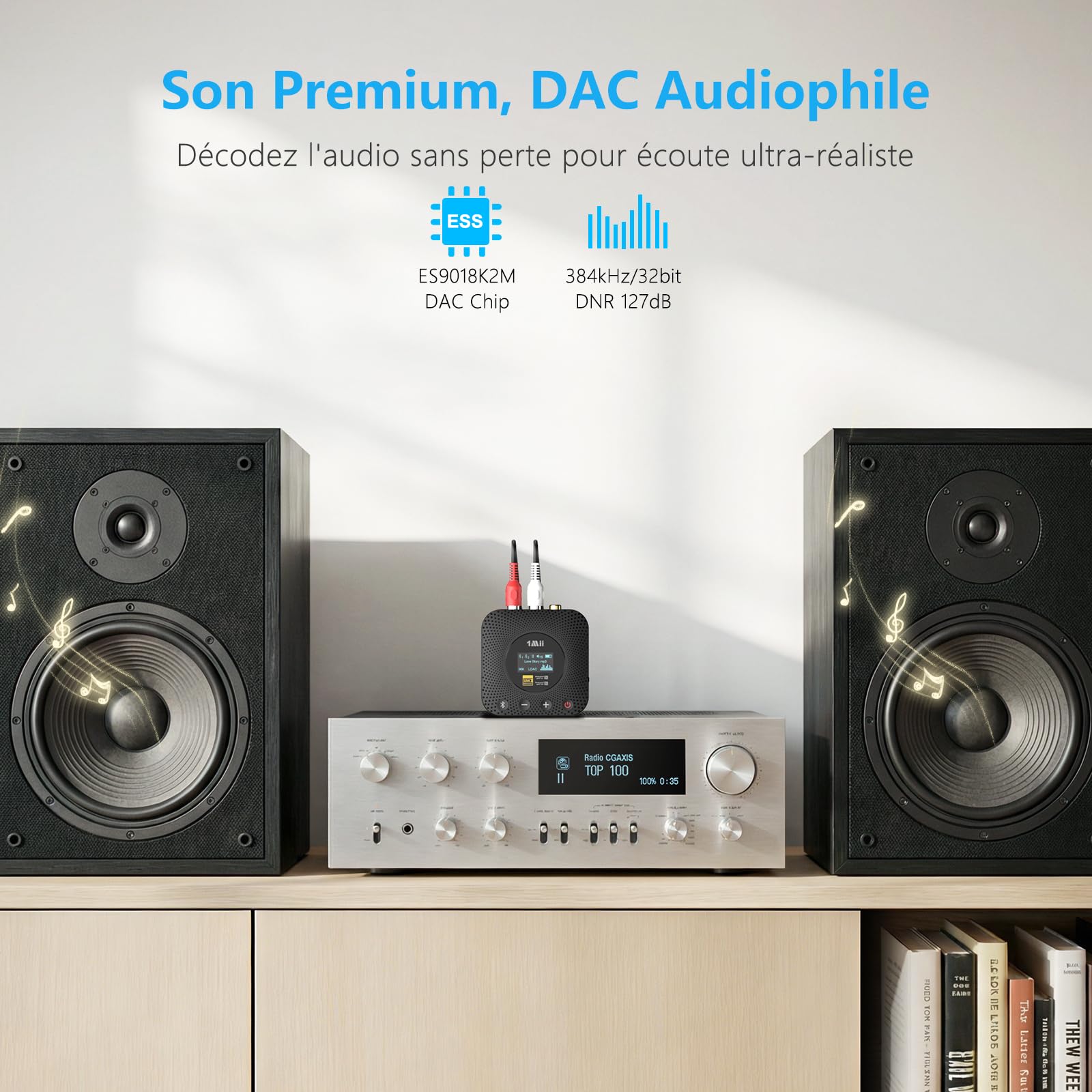 1Mii B06HD+ Recepteur Bluetooth 5.3 LDAC Adaptateur Bluetooth | pour Chaine Hi-Fi avec Contrôle du Volume sur Écran OLED, DAC Audiophile Intégré, and aptX Faible Latence