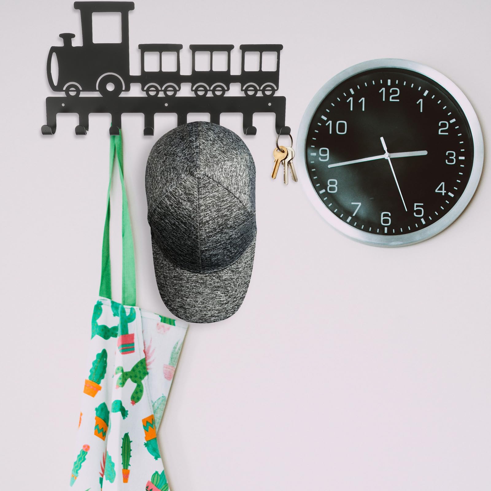 Gancho de Pared de Hierro Diseño de Tren Retro, 8 Ganchos para Colgar Ropa y Toallas, Color Negro, Adecuado para Organización en Entrada y Baño, Compacto y Resistente