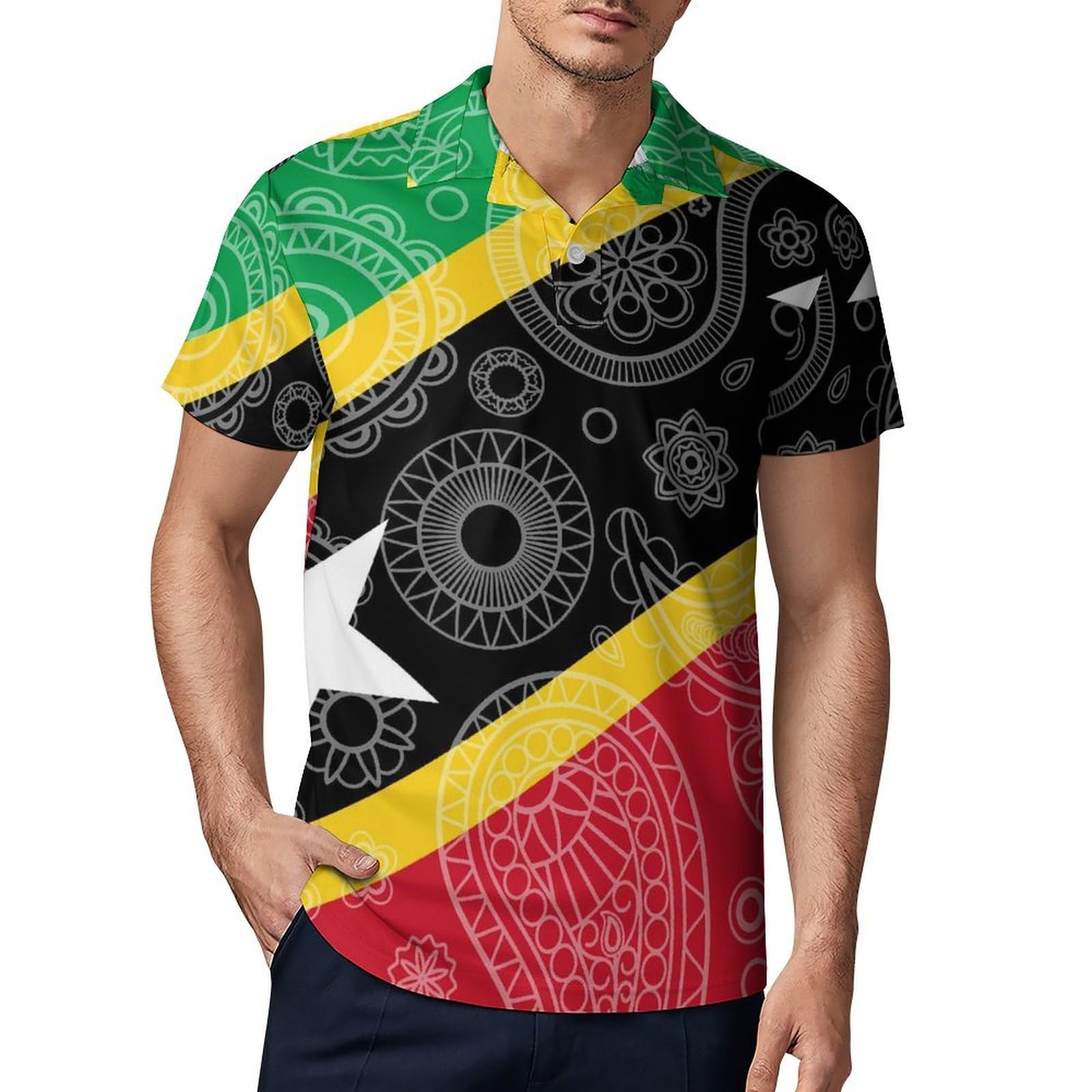 Paisley Saint Kitts and Nevis Flag Novelty Men's Short Sleeve Shirts Funny Golf Tennis Work T-Shirt Sport Tee M