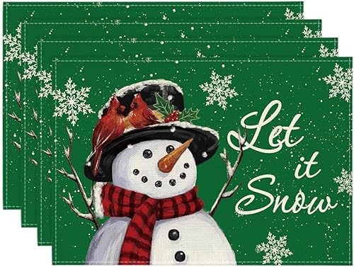 Artoid Mode Juego de 4 manteles individuales de invierno Black Snowman Let It Snow de 12 x 18 pulgadas para decoración de fiestas, cocina, comedor