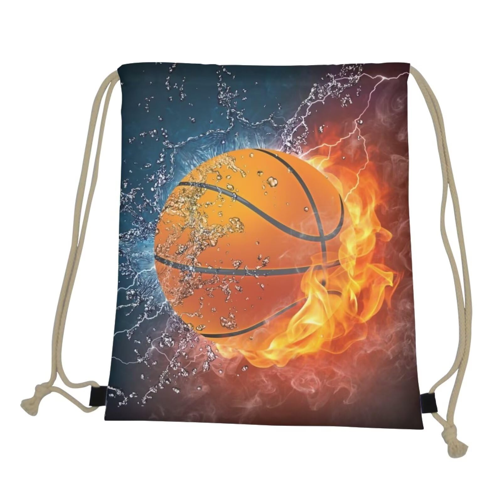 COEQINE Novelty Burning Basketball Printed Drawstring Backpack for Sports Gym Beach for Boys Teen Tote Bag for Hiking Travel Outdoor Sport Bag