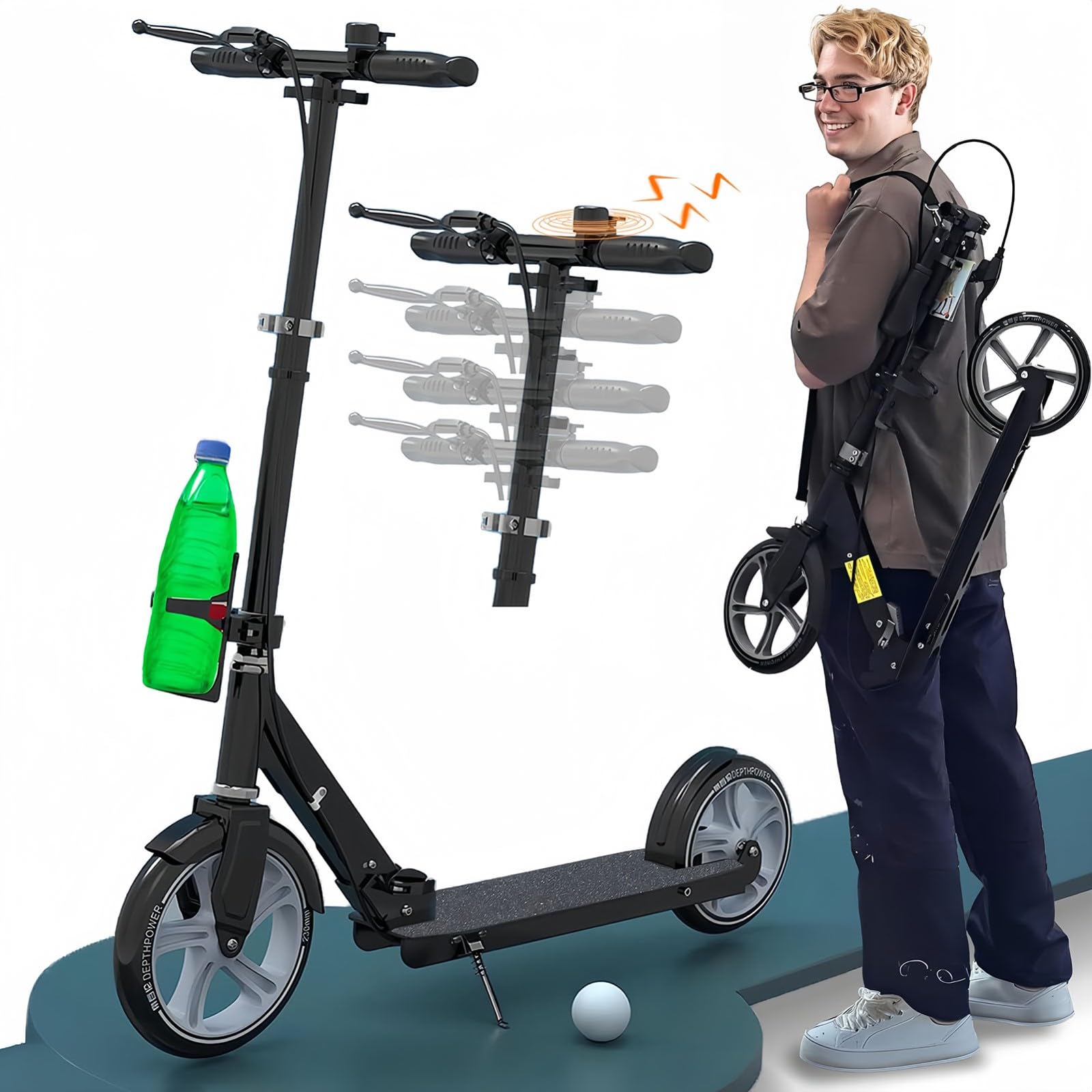City Scooter Monopattino Per Adulti Ruote Da 230 Mm PU Big Wheel, Pieghevole E Regolabile In Altezza Con Freni E Ammortizzatori, Capacità Di Carico 150 Kg
