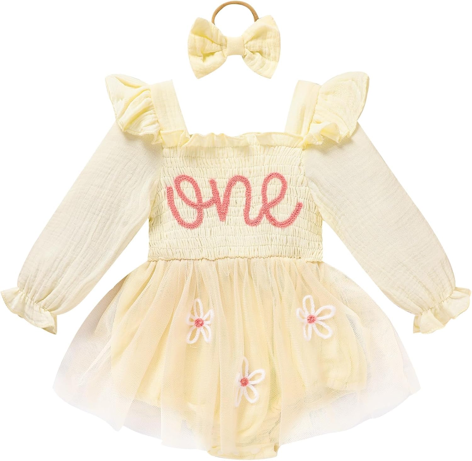 TITKKOP Baby Girl 1st Birthday Clothes One Year Old Tulle Romper Long Sleeve Bodysuit Cake Smash Outfits