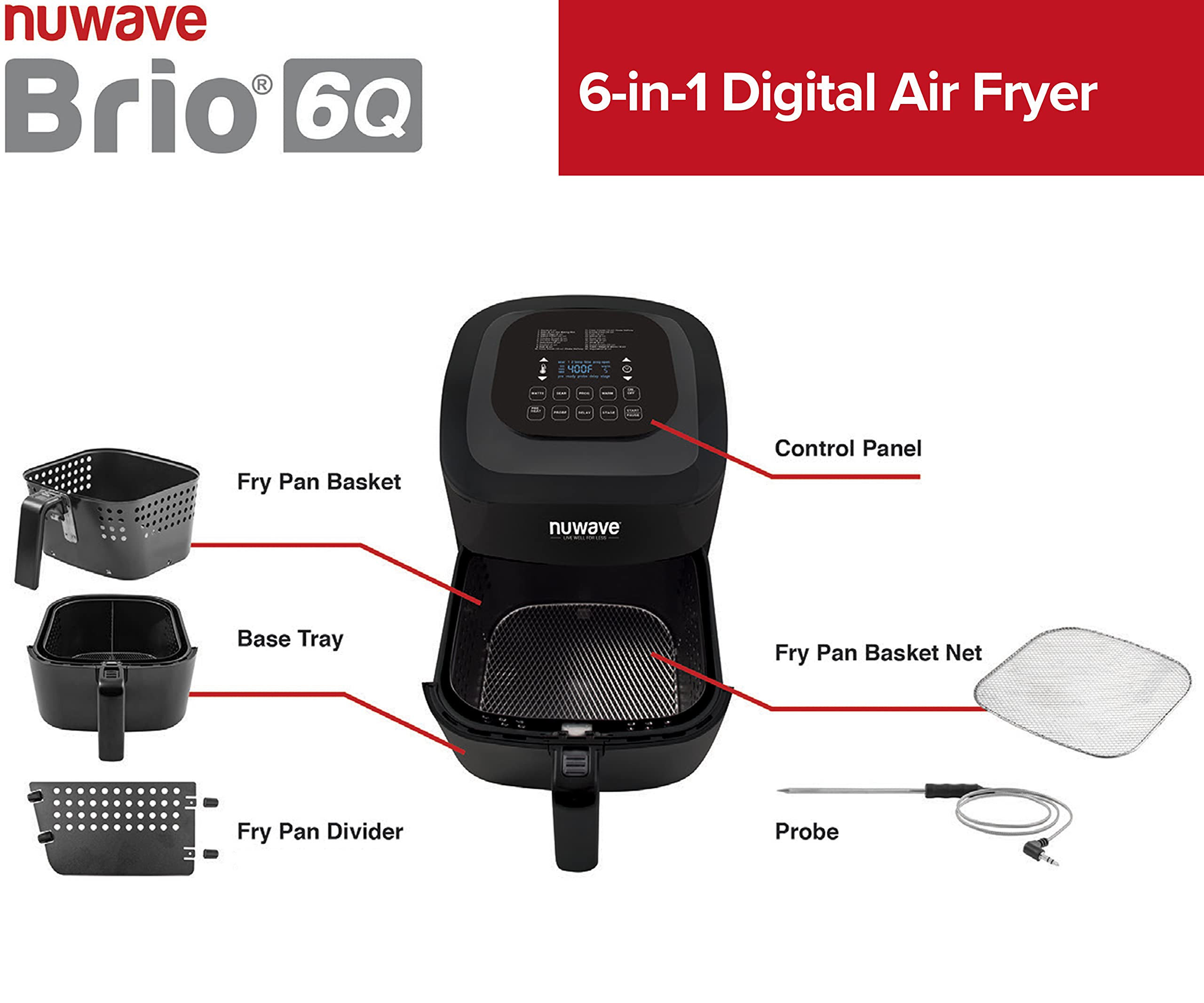 NUWAVE BRIO 6Quart Digital Air Fryer with Probe Digital Controls, 6 easy presets